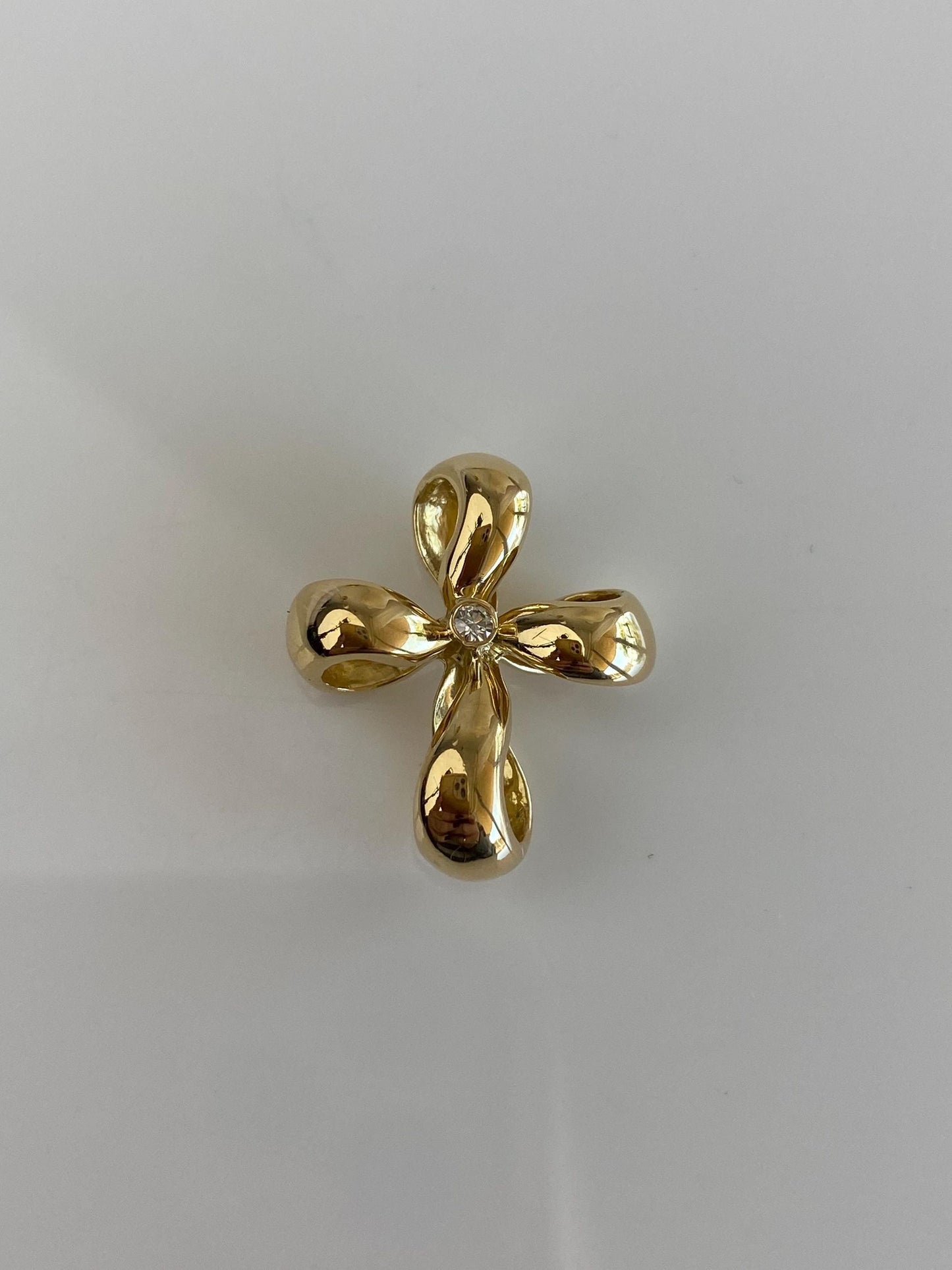 Vintage Solid 18k Yellow Gold Diamond Ribbon Cross Slide Charm