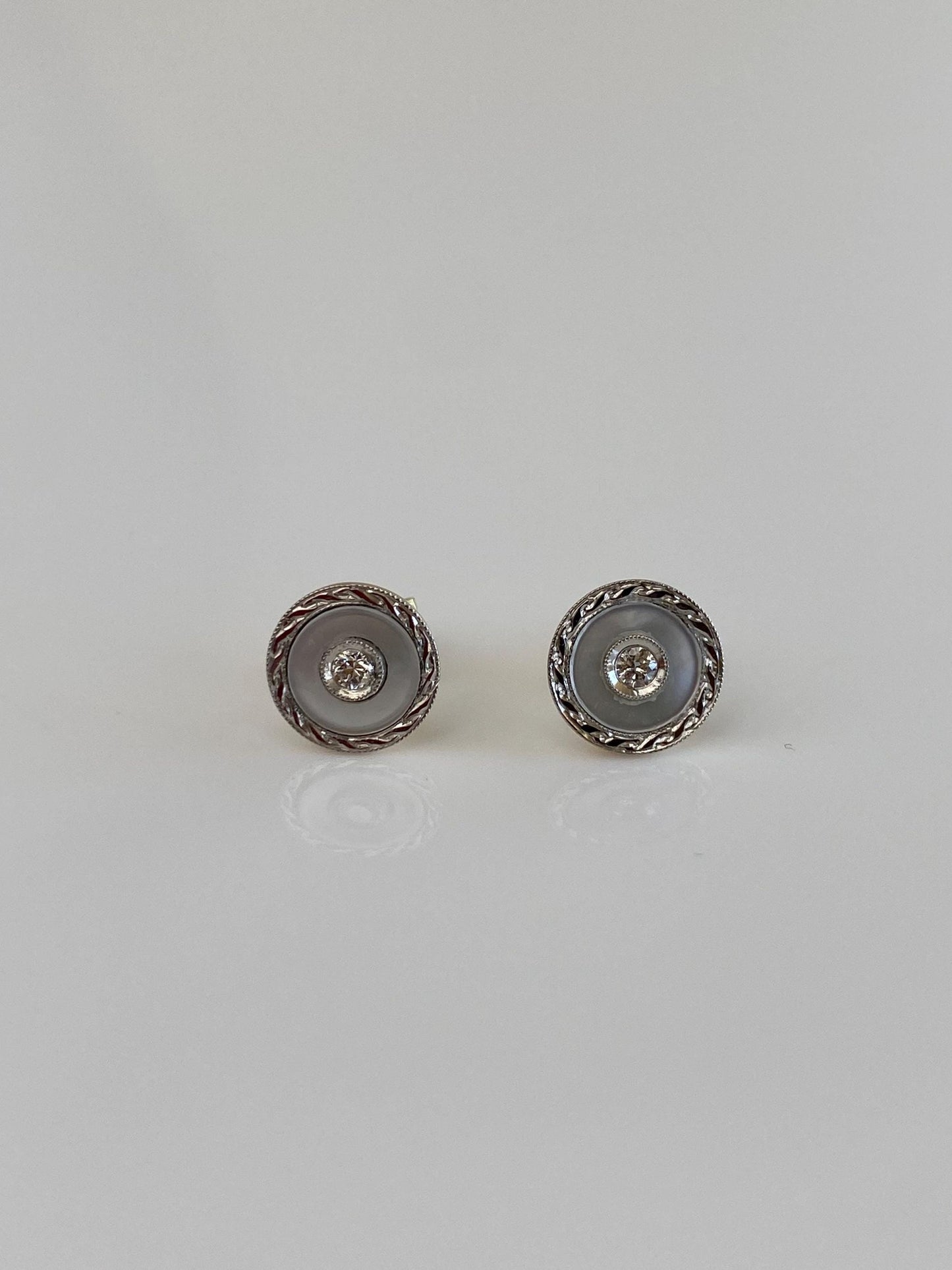 Vintage Solid 14k Yellow Gold & Platinum Mother of Pearl Diamond Little Cufflink Stud Earrings