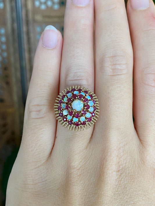 Vintage Solid 10k Yellow Gold Ruby Opal Cluster Open Work Ring - Size 5.75