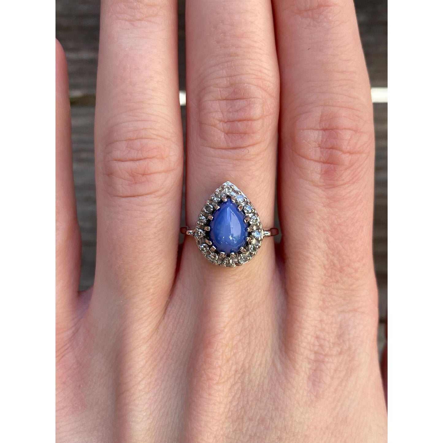 Vintage Solid 14k White Gold Blue Star Sapphire Diamond Ring - Size 6.75