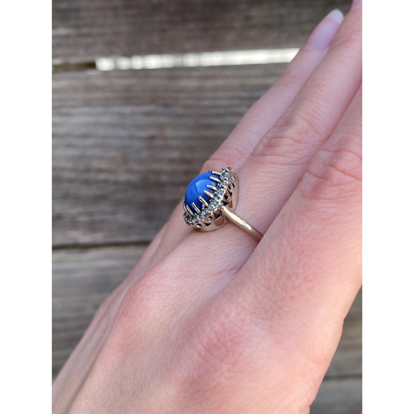 Vintage Solid 14k White Gold Blue Star Sapphire Diamond Ring - Size 6.75