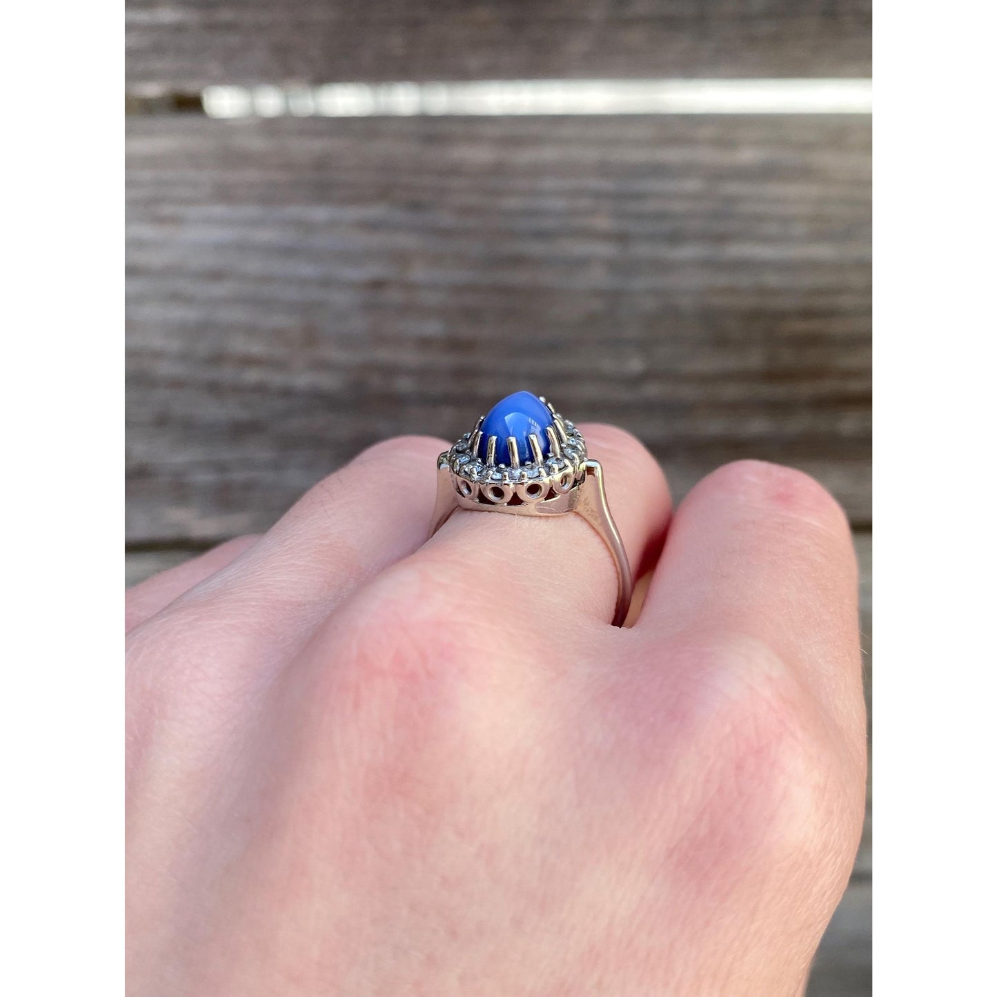 Vintage Solid 14k White Gold Blue Star Sapphire Diamond Ring - Size 6.75