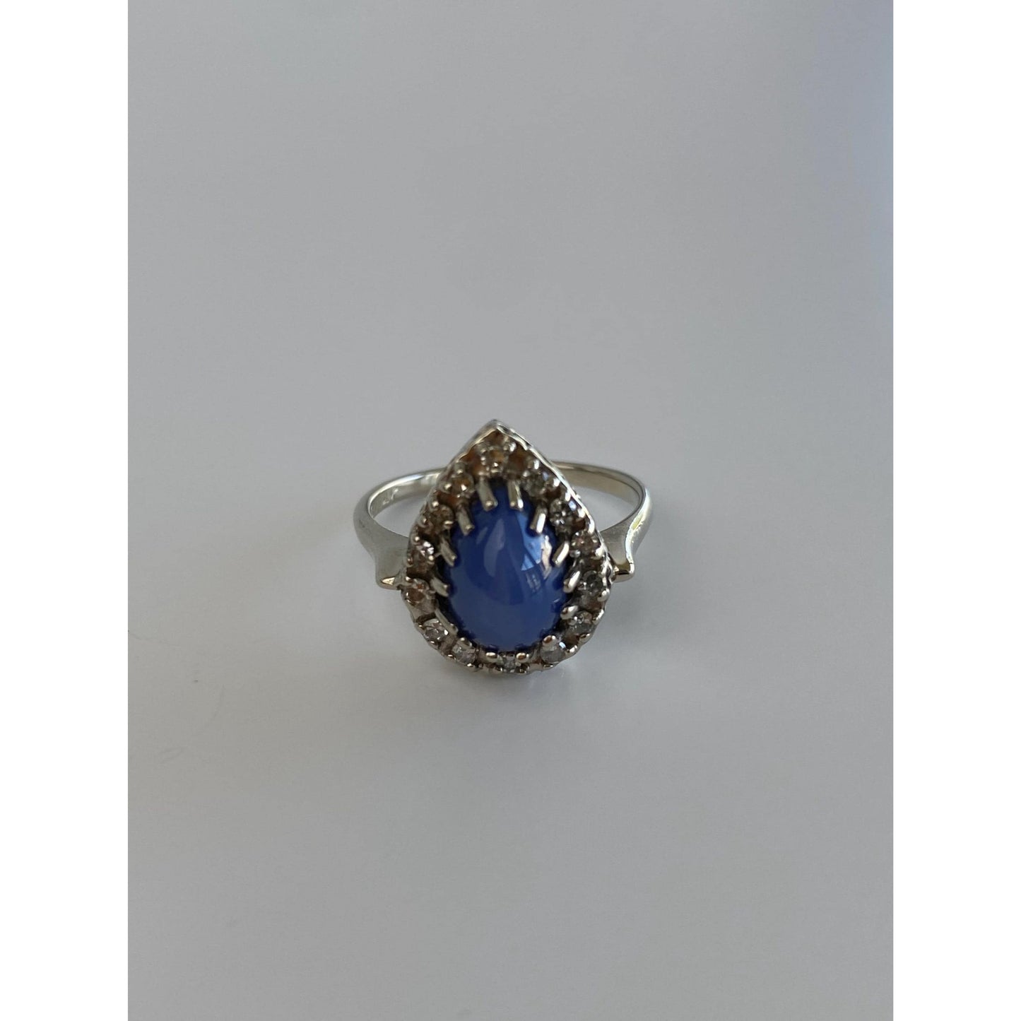 Vintage Solid 14k White Gold Blue Star Sapphire Diamond Ring - Size 6.75