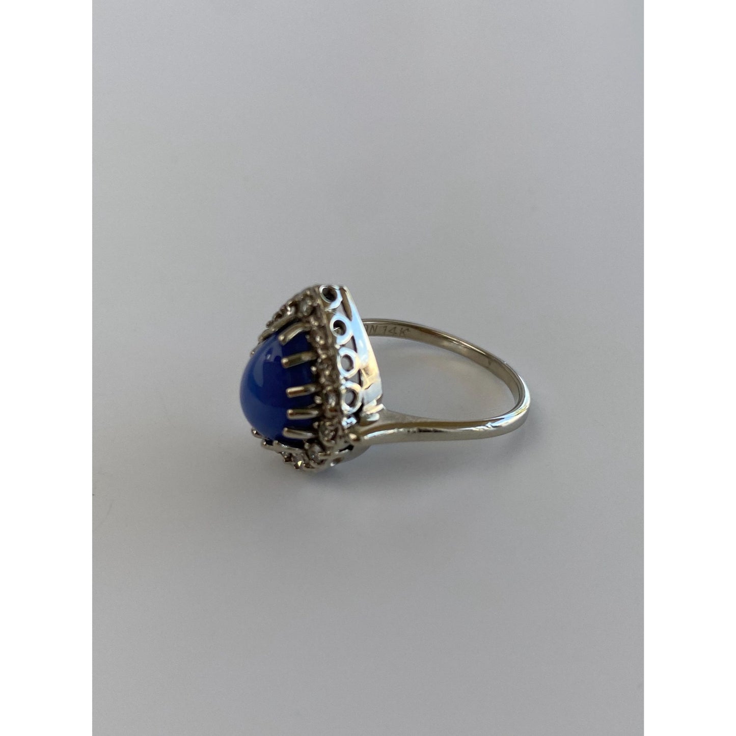 Vintage Solid 14k White Gold Blue Star Sapphire Diamond Ring - Size 6.75