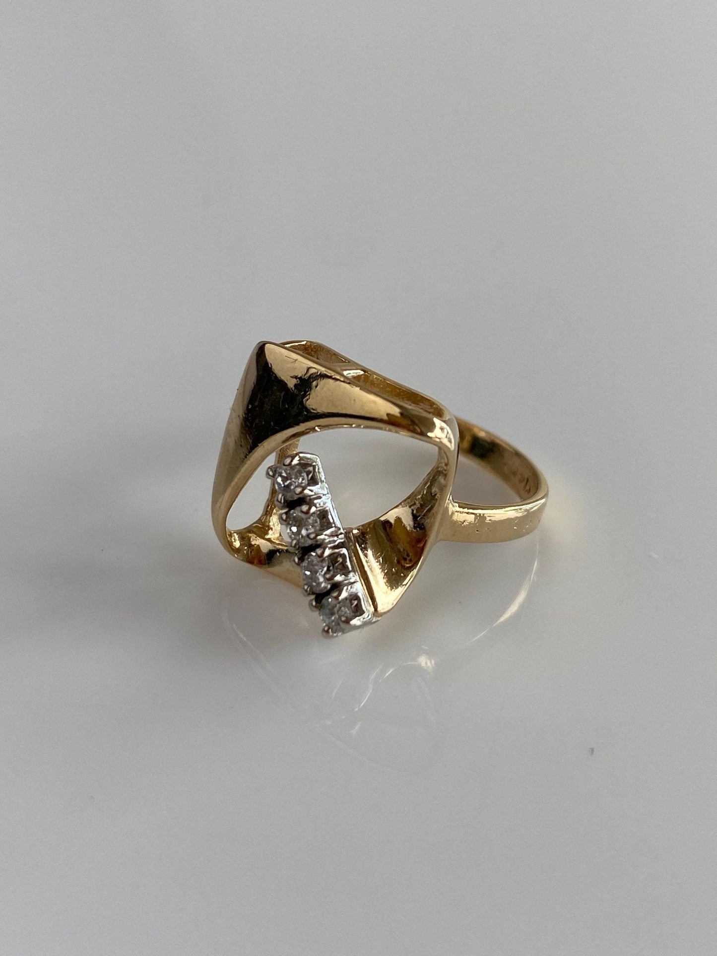 Vintage Solid 14k White & Yellow Gold Diamond Abstract Shape Ring - Size 4.25