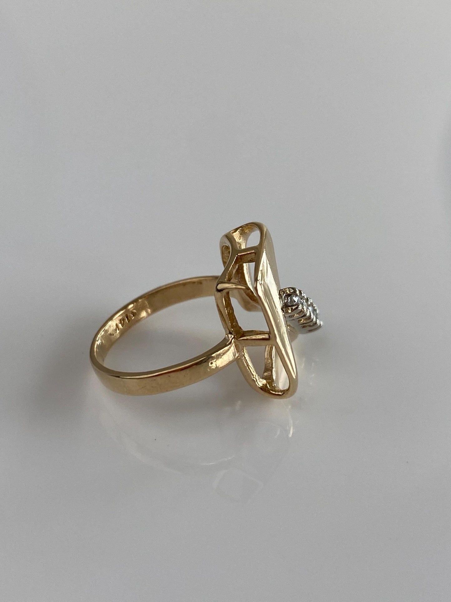 Vintage Solid 14k White & Yellow Gold Diamond Abstract Shape Ring - Size 4.25