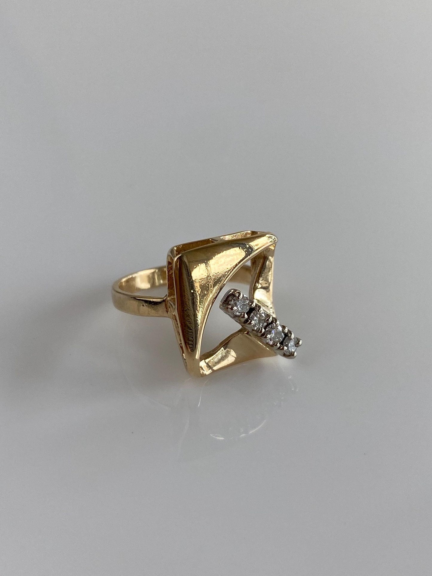 Vintage Solid 14k White & Yellow Gold Diamond Abstract Shape Ring - Size 4.25