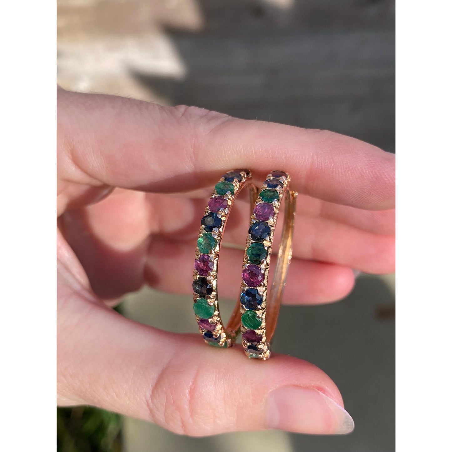 Vintage Solid 14k Rosey Gold Emerald & Spinel Hoop Earrings