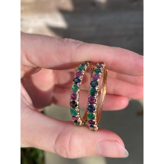 Vintage Solid 14k Rosey Gold Emerald & Spinel Hoop Earrings