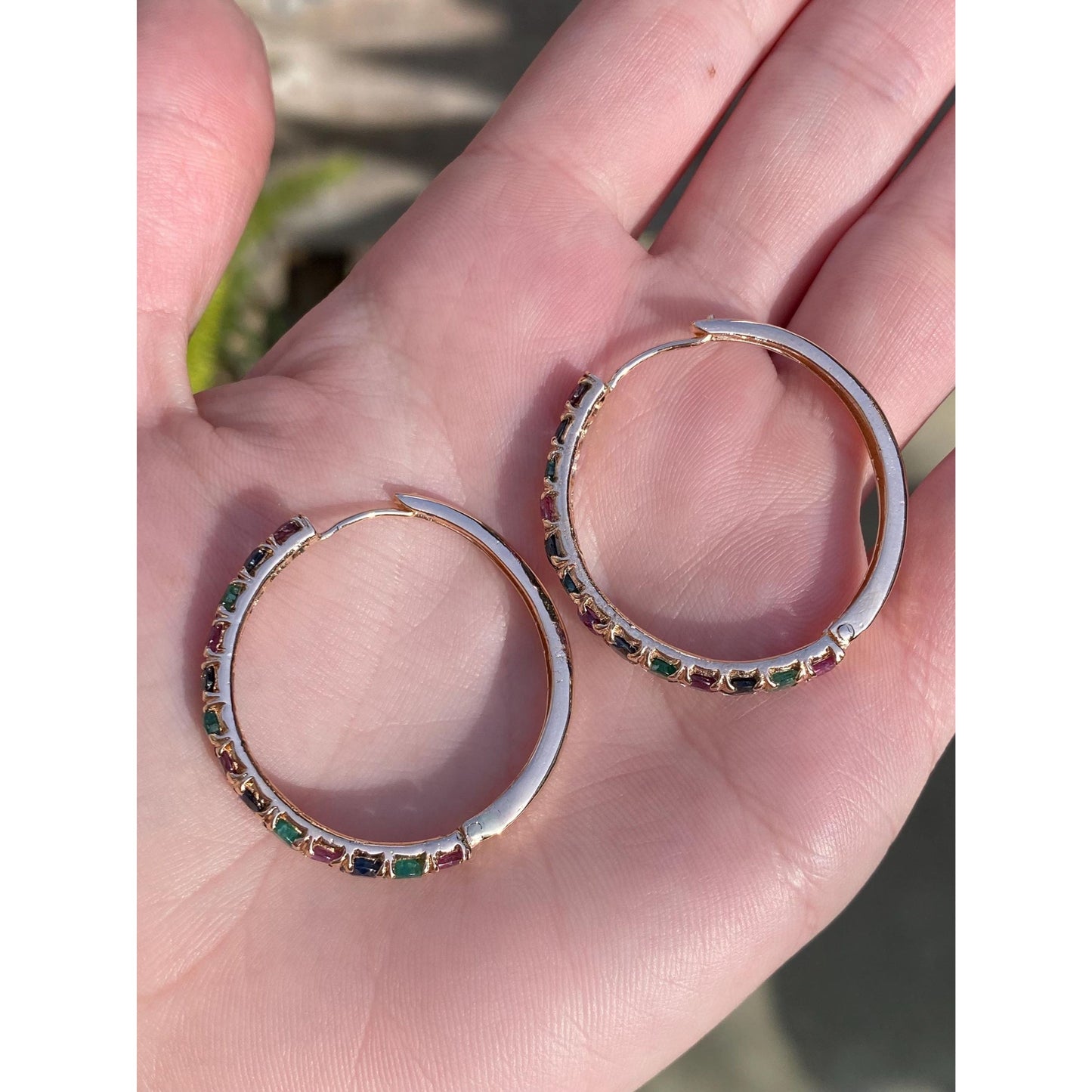 Vintage Solid 14k Rosey Gold Emerald & Spinel Hoop Earrings