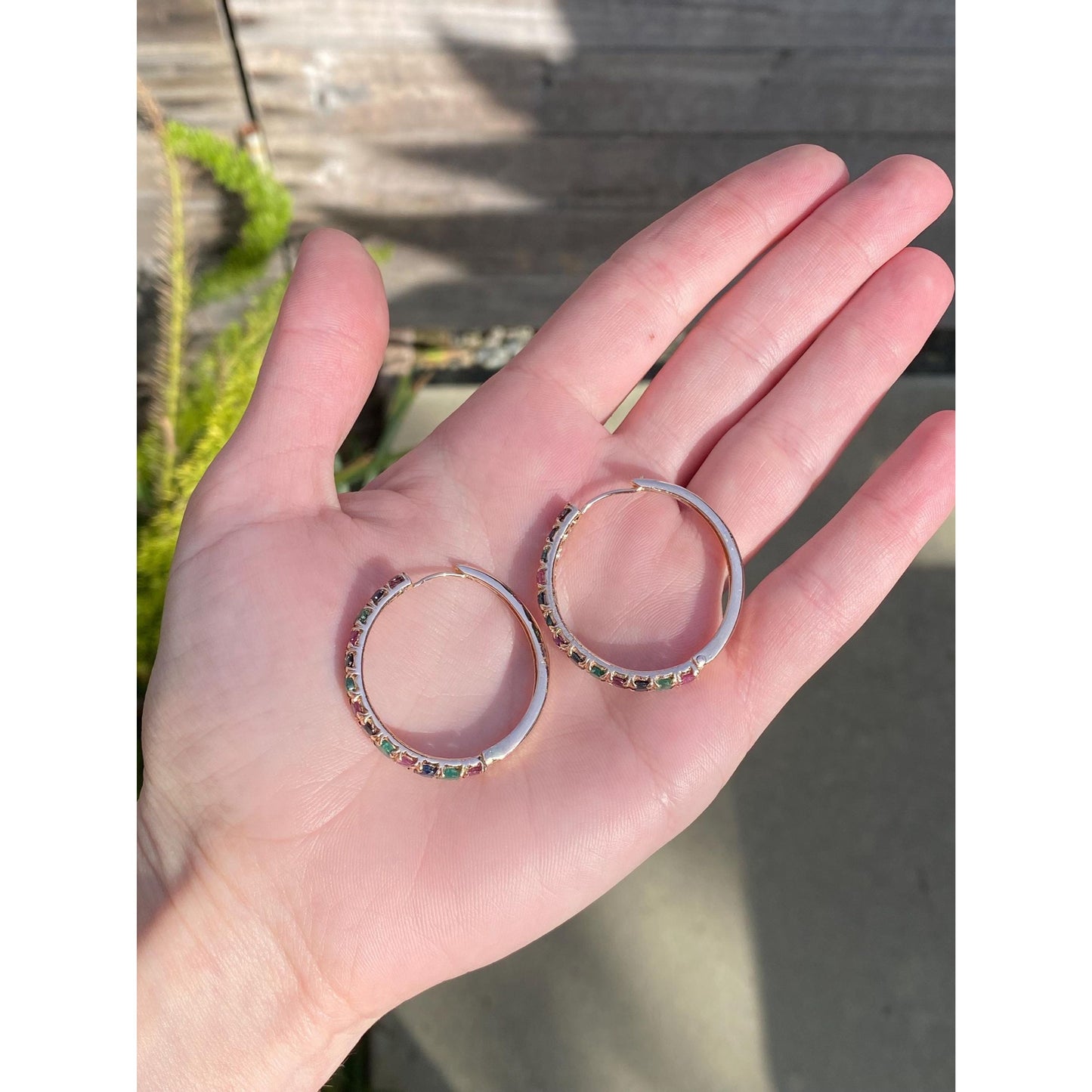 Vintage Solid 14k Rosey Gold Emerald & Spinel Hoop Earrings