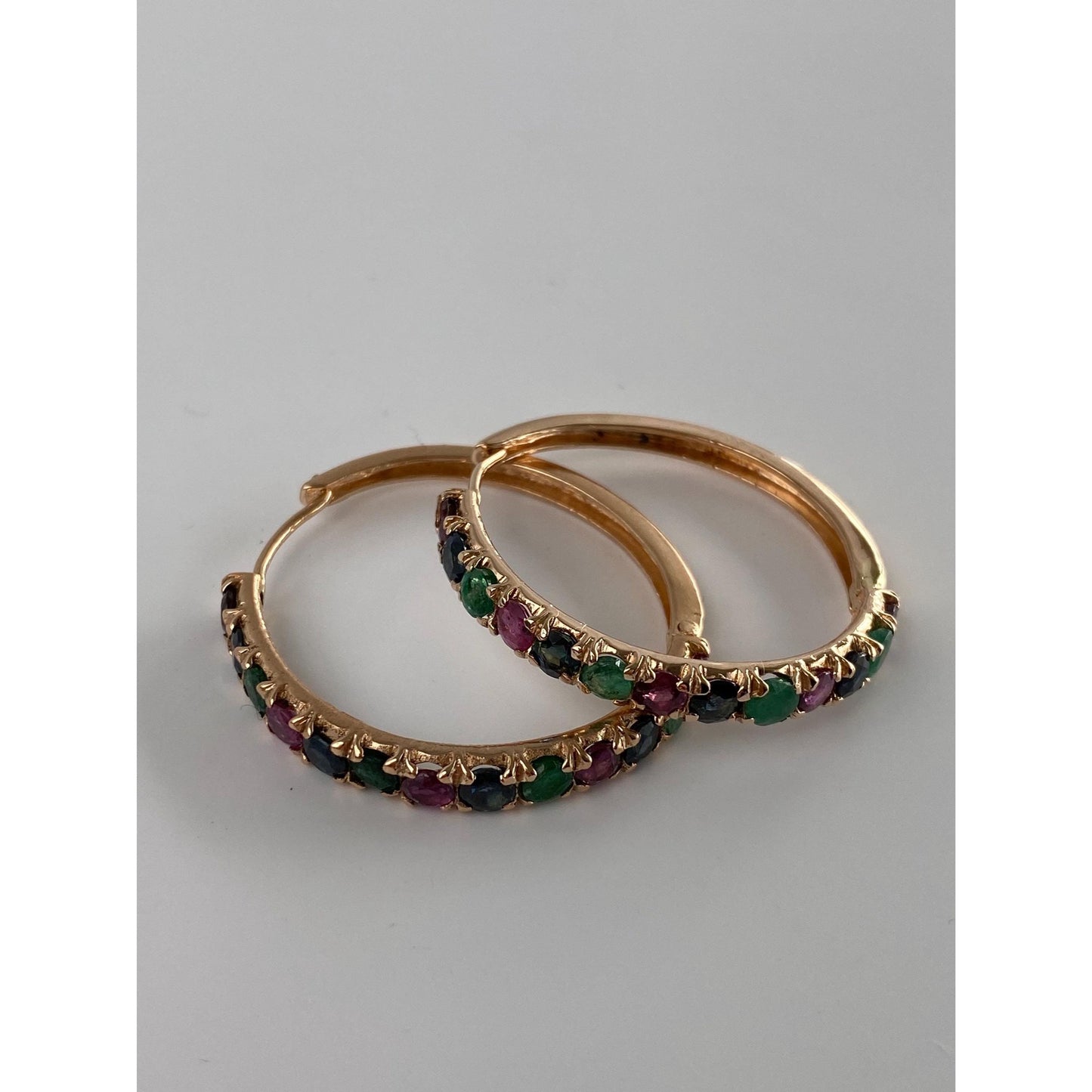 Vintage Solid 14k Rosey Gold Emerald & Spinel Hoop Earrings