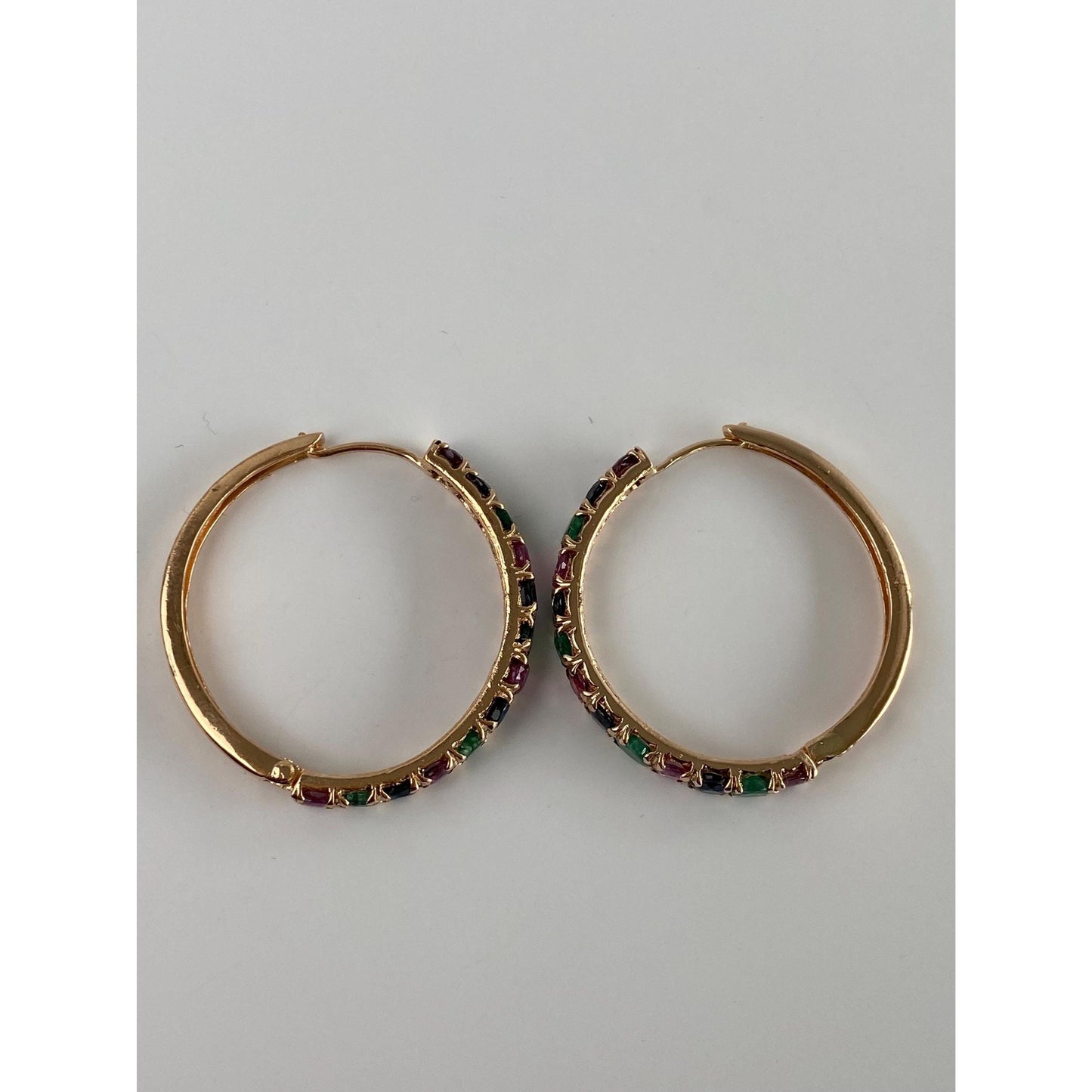 Vintage Solid 14k Rosey Gold Emerald & Spinel Hoop Earrings