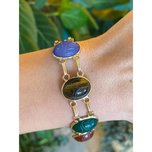 Solid 14k Yellow Gold Bloodstone Striped Agate Blue Chalcedony Tigers Eye Green Quartz Carnelian Agate Scarab Link Bracelet - 7.5 inches