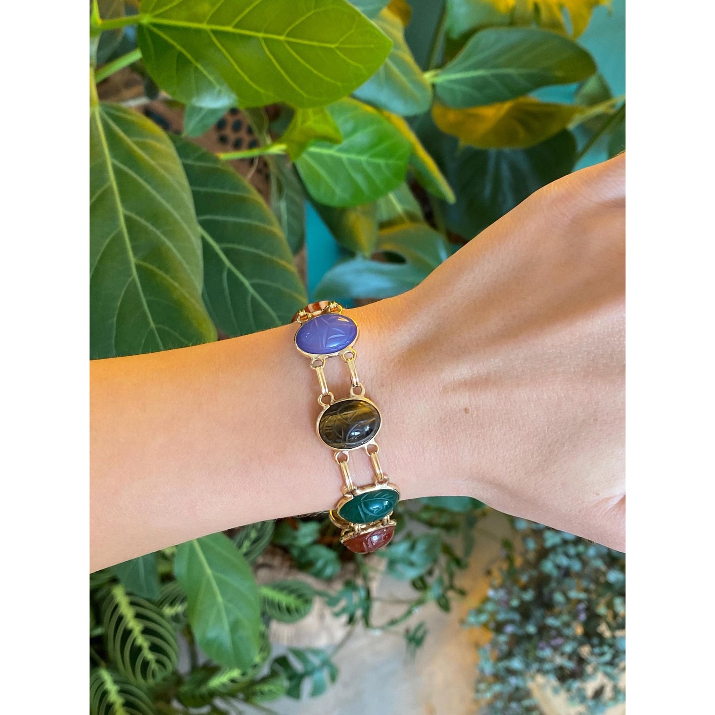 Solid 14k Yellow Gold Bloodstone Striped Agate Blue Chalcedony Tigers Eye Green Quartz Carnelian Agate Scarab Link Bracelet - 7.5 inches