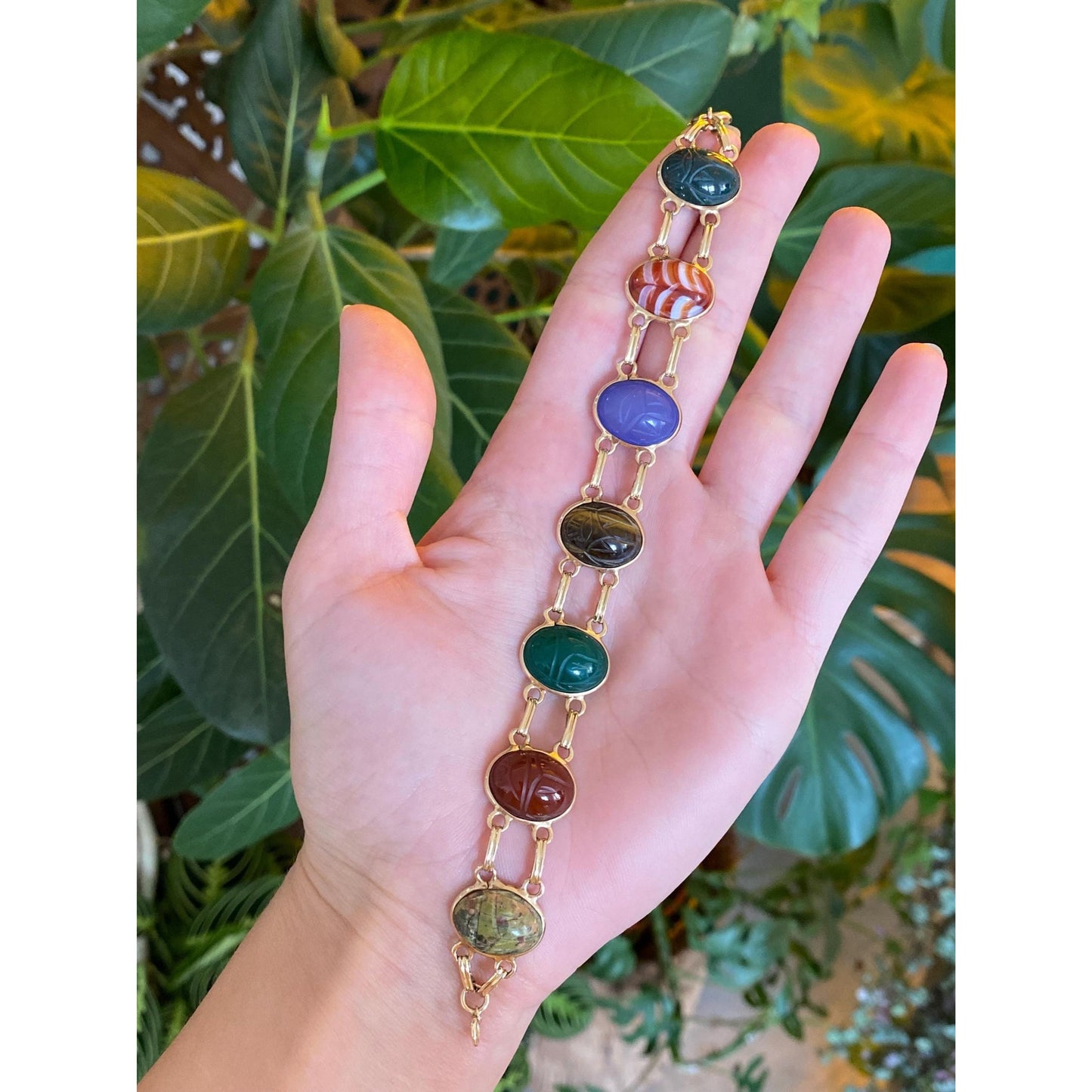 Solid 14k Yellow Gold Bloodstone Striped Agate Blue Chalcedony Tigers Eye Green Quartz Carnelian Agate Scarab Link Bracelet - 7.5 inches