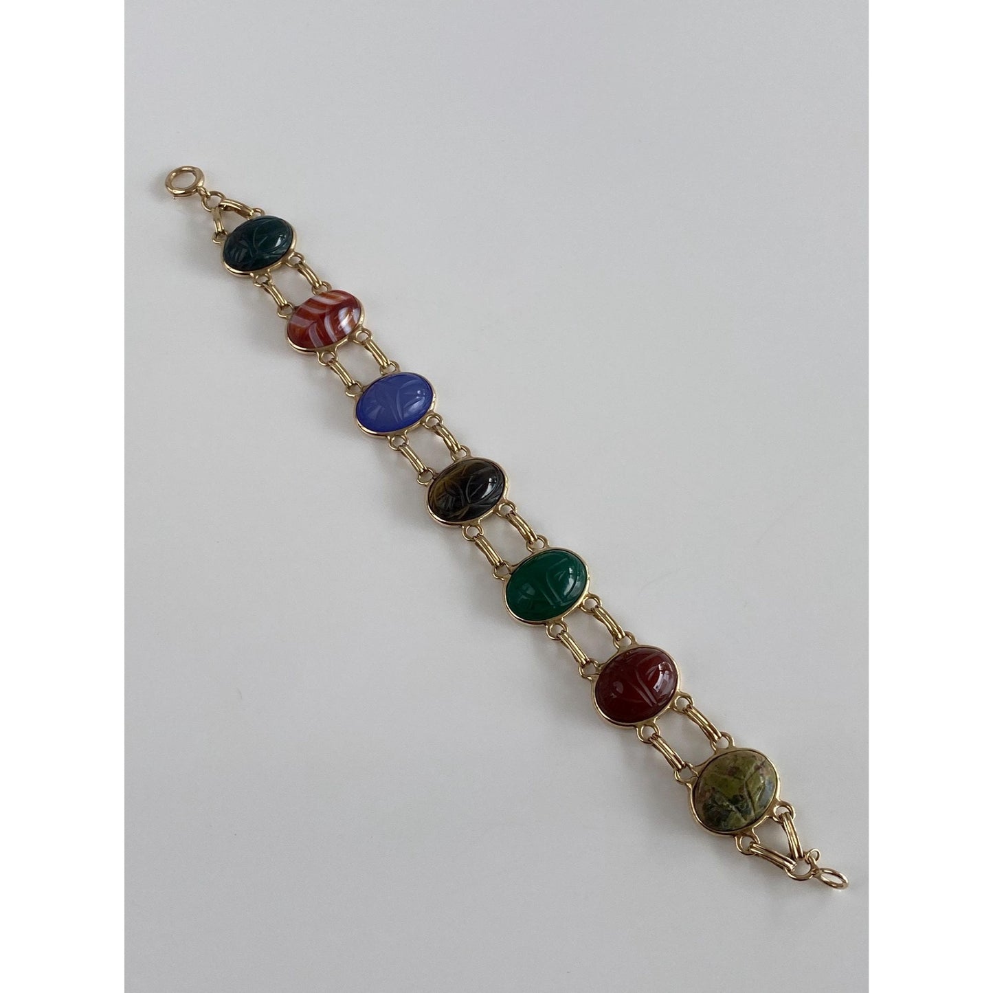 Solid 14k Yellow Gold Bloodstone Striped Agate Blue Chalcedony Tigers Eye Green Quartz Carnelian Agate Scarab Link Bracelet - 7.5 inches