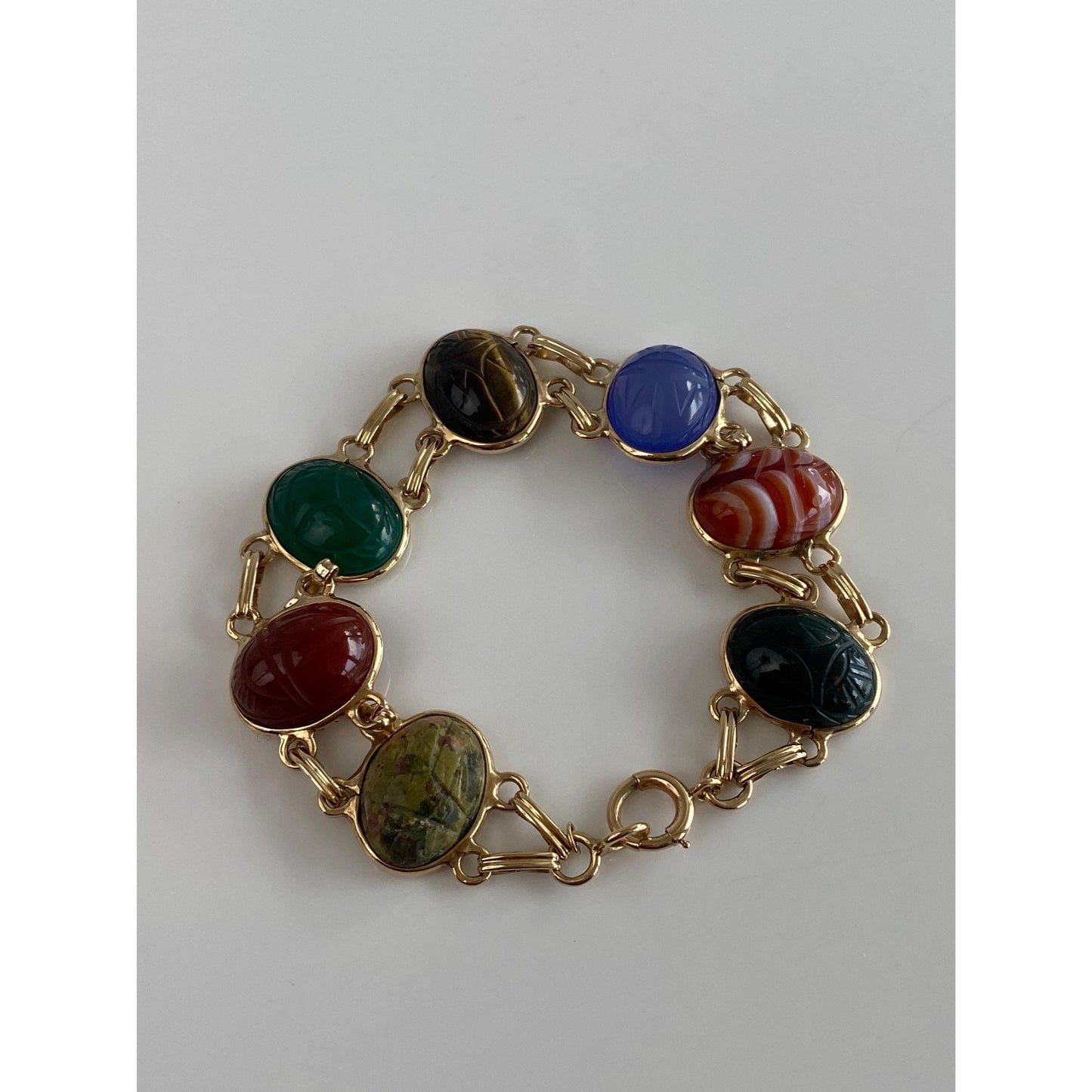 Solid 14k Yellow Gold Bloodstone Striped Agate Blue Chalcedony Tigers Eye Green Quartz Carnelian Agate Scarab Link Bracelet - 7.5 inches