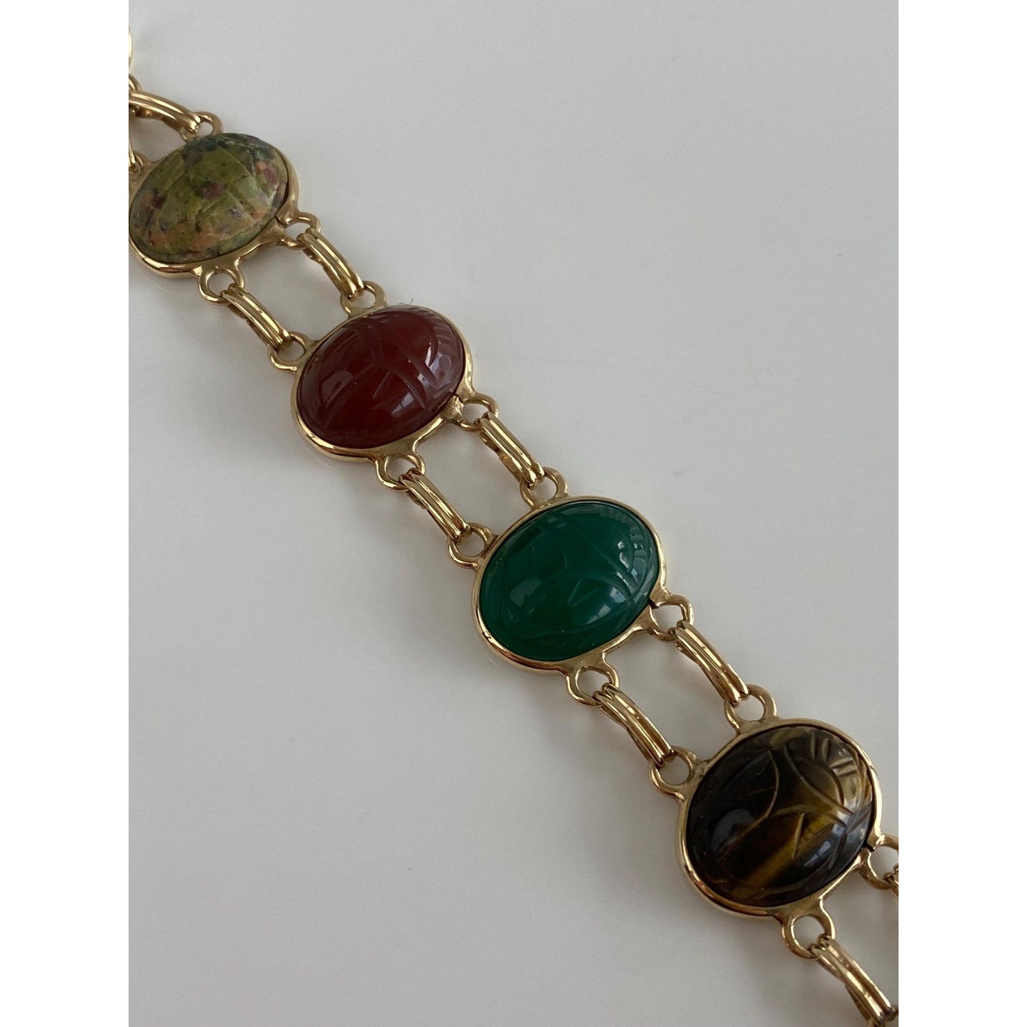 Solid 14k Yellow Gold Bloodstone Striped Agate Blue Chalcedony Tigers Eye Green Quartz Carnelian Agate Scarab Link Bracelet - 7.5 inches