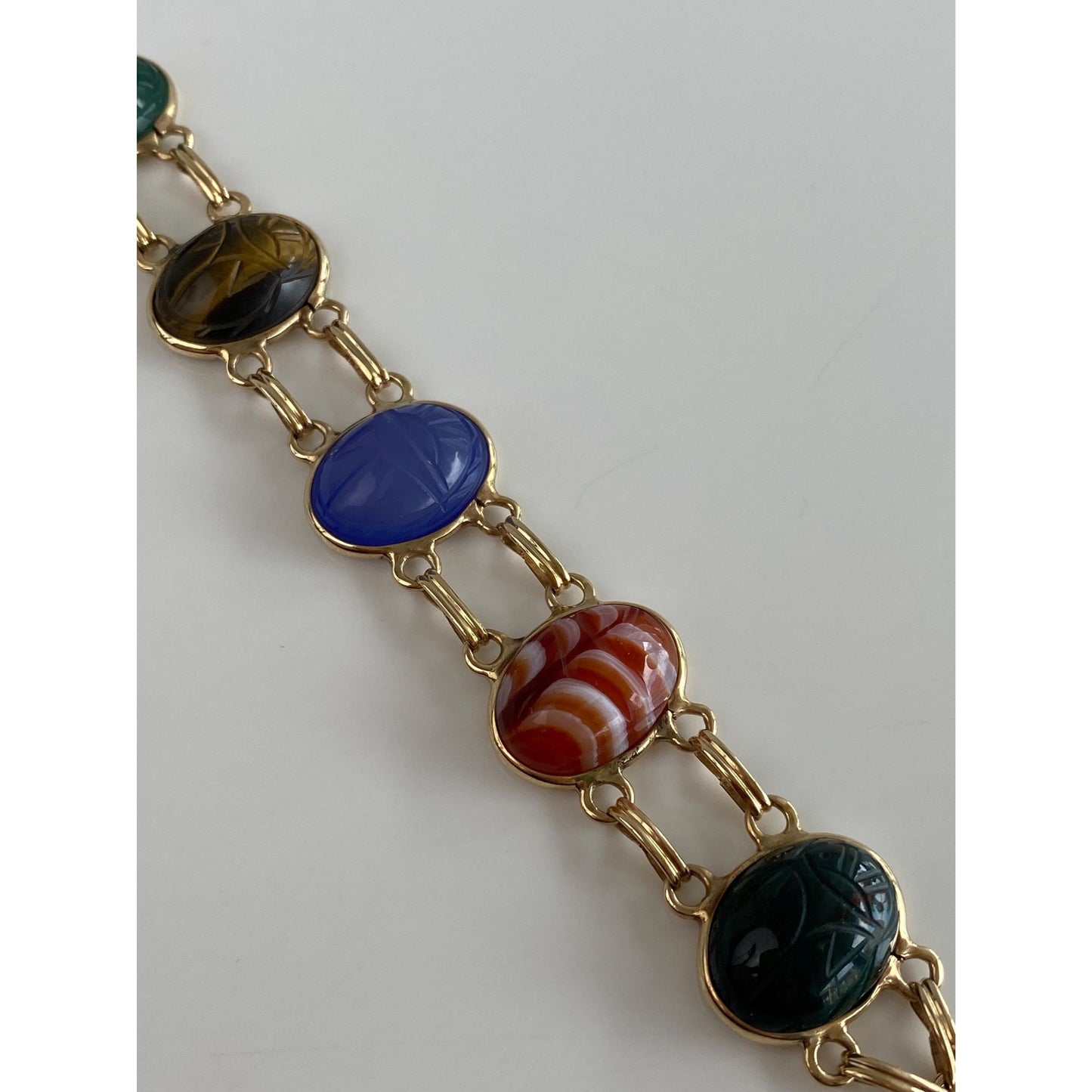 Solid 14k Yellow Gold Bloodstone Striped Agate Blue Chalcedony Tigers Eye Green Quartz Carnelian Agate Scarab Link Bracelet - 7.5 inches