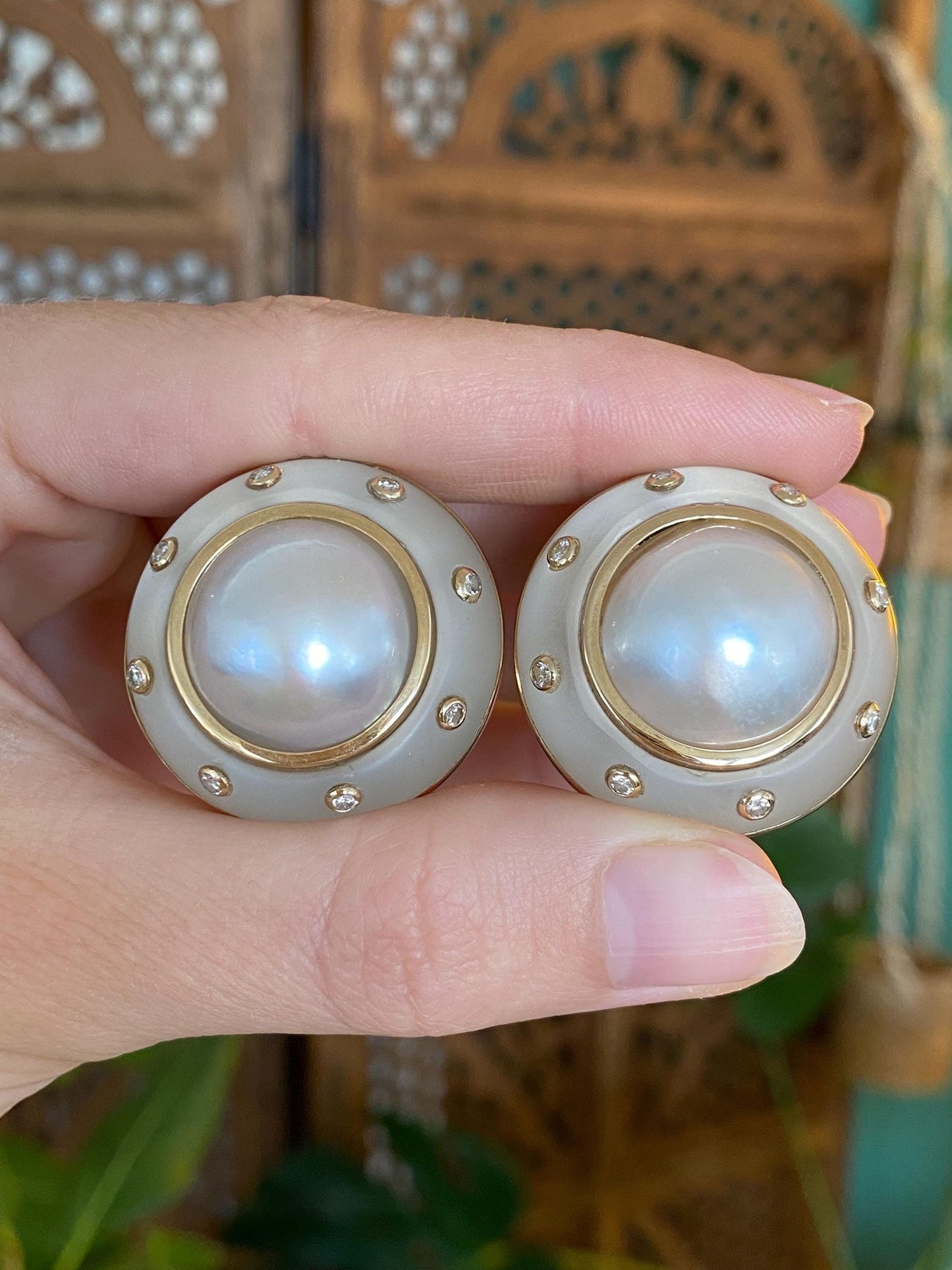 Vintage Solid 14k Yellow Gold Large Diamond Pearl Frosted Clear Spinel Drop Earrings