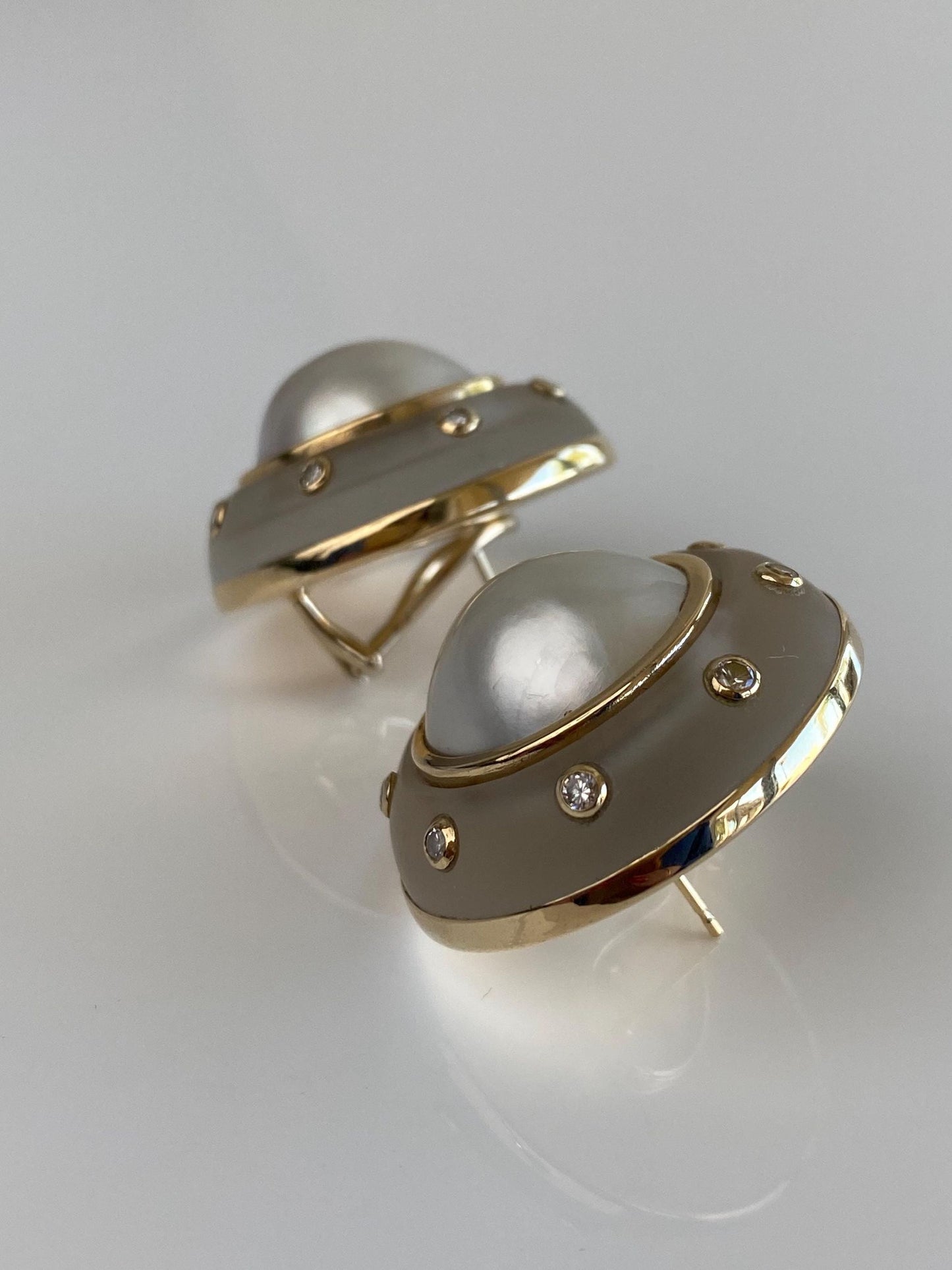 Vintage Solid 14k Yellow Gold Large Diamond Pearl Frosted Clear Spinel Drop Earrings