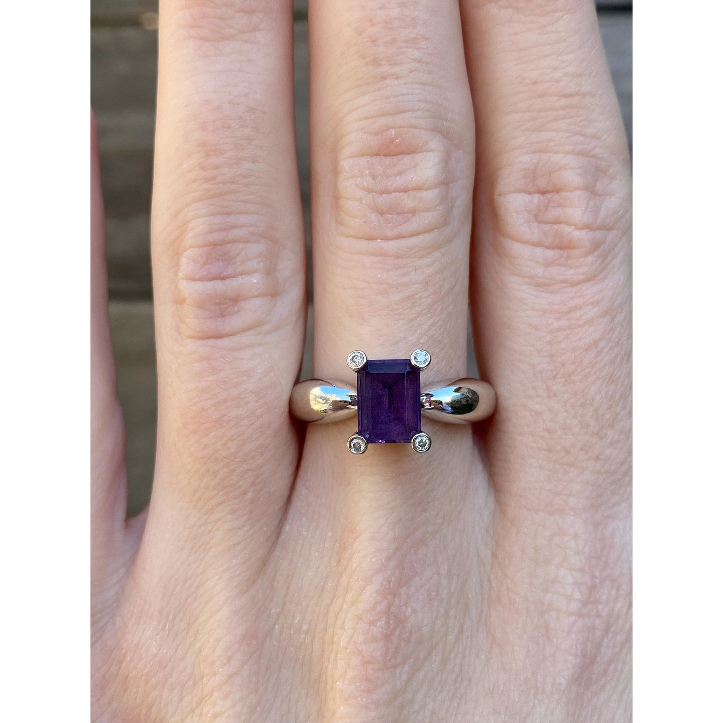 Vintage Solid 14k White Gold Diamond Amethyst Ring - Size 8