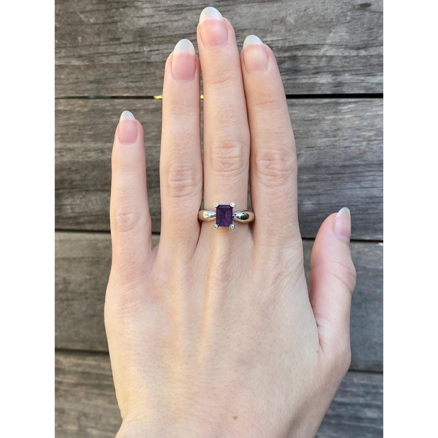 Vintage Solid 14k White Gold Diamond Amethyst Ring - Size 8