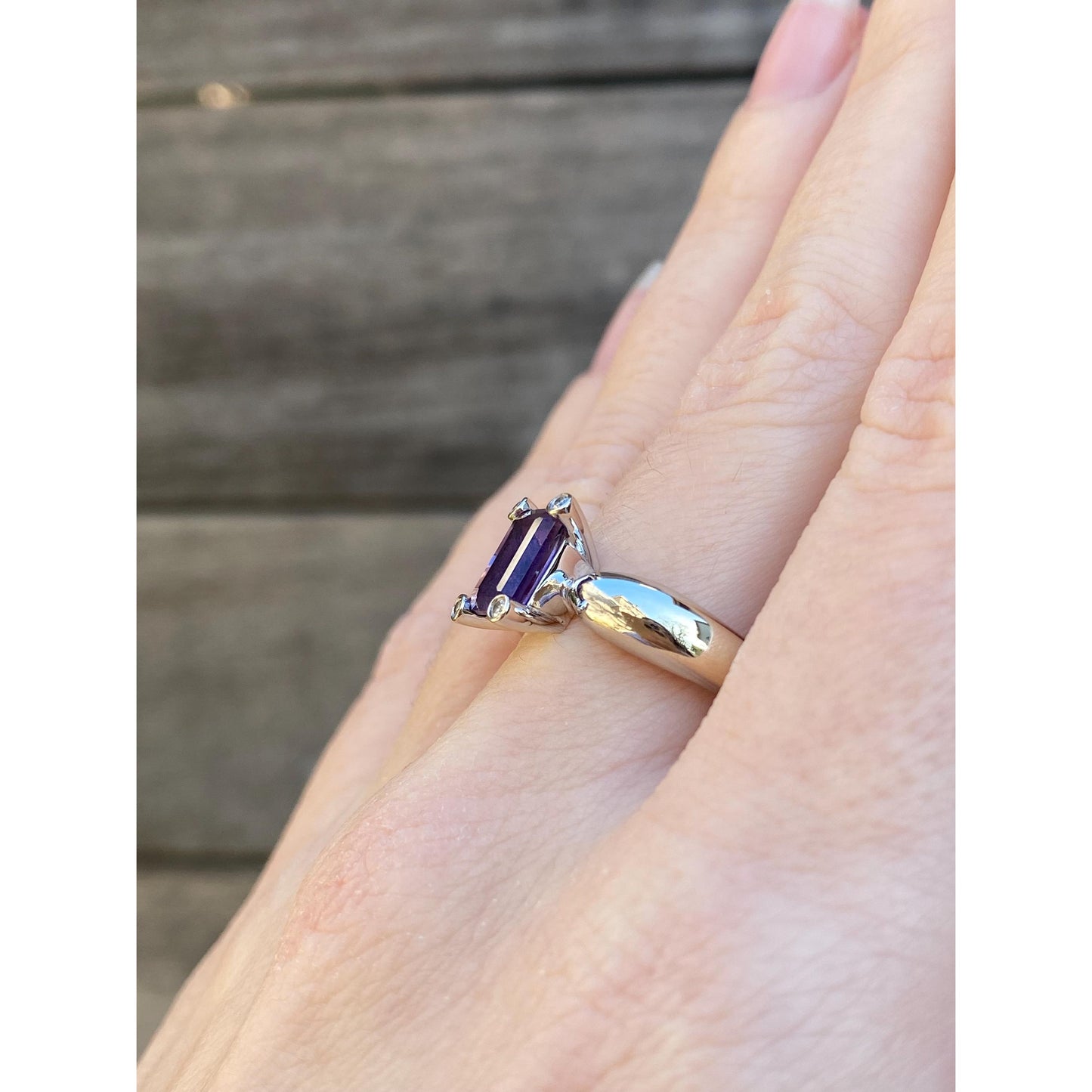 Vintage Solid 14k White Gold Diamond Amethyst Ring - Size 8