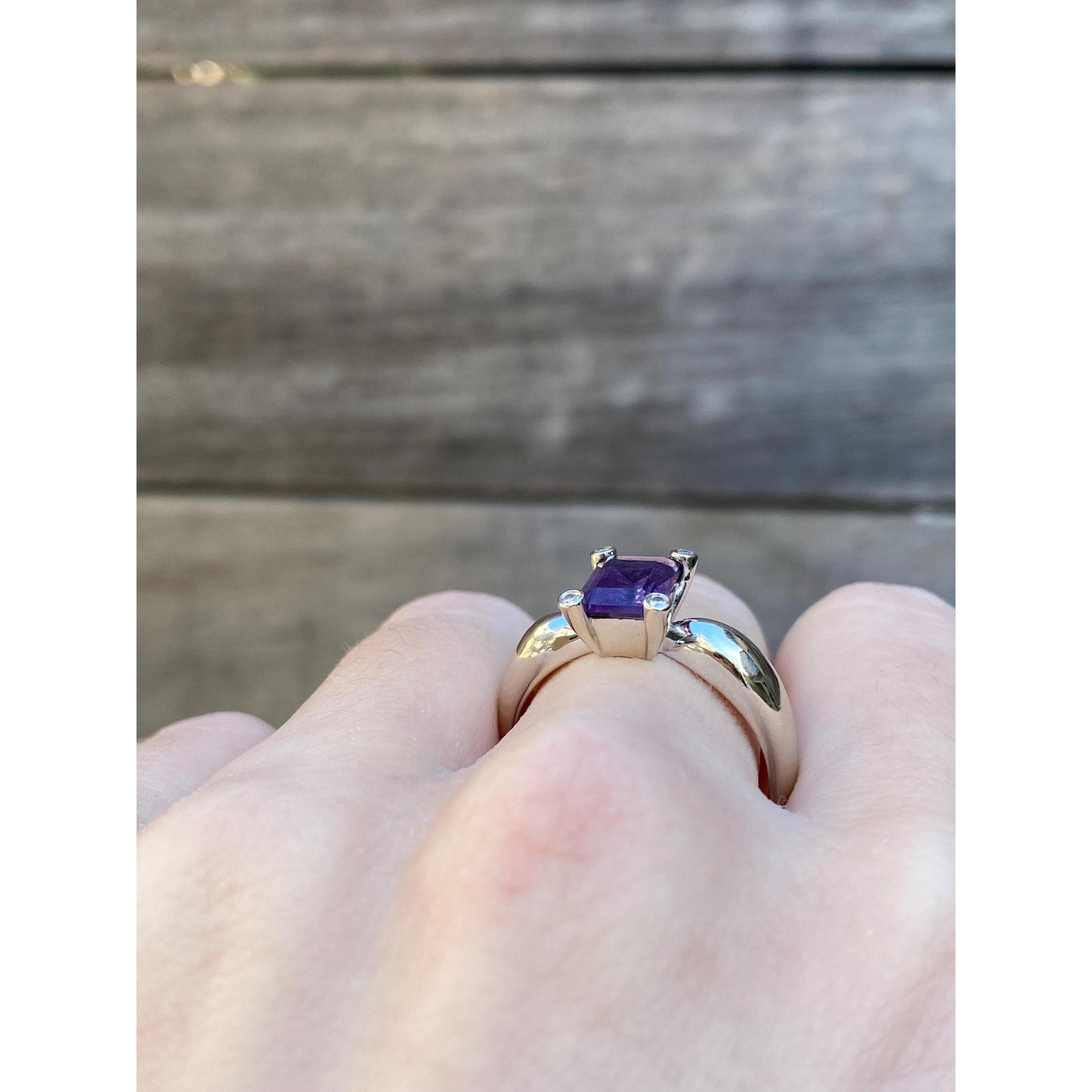 Vintage Solid 14k White Gold Diamond Amethyst Ring - Size 8