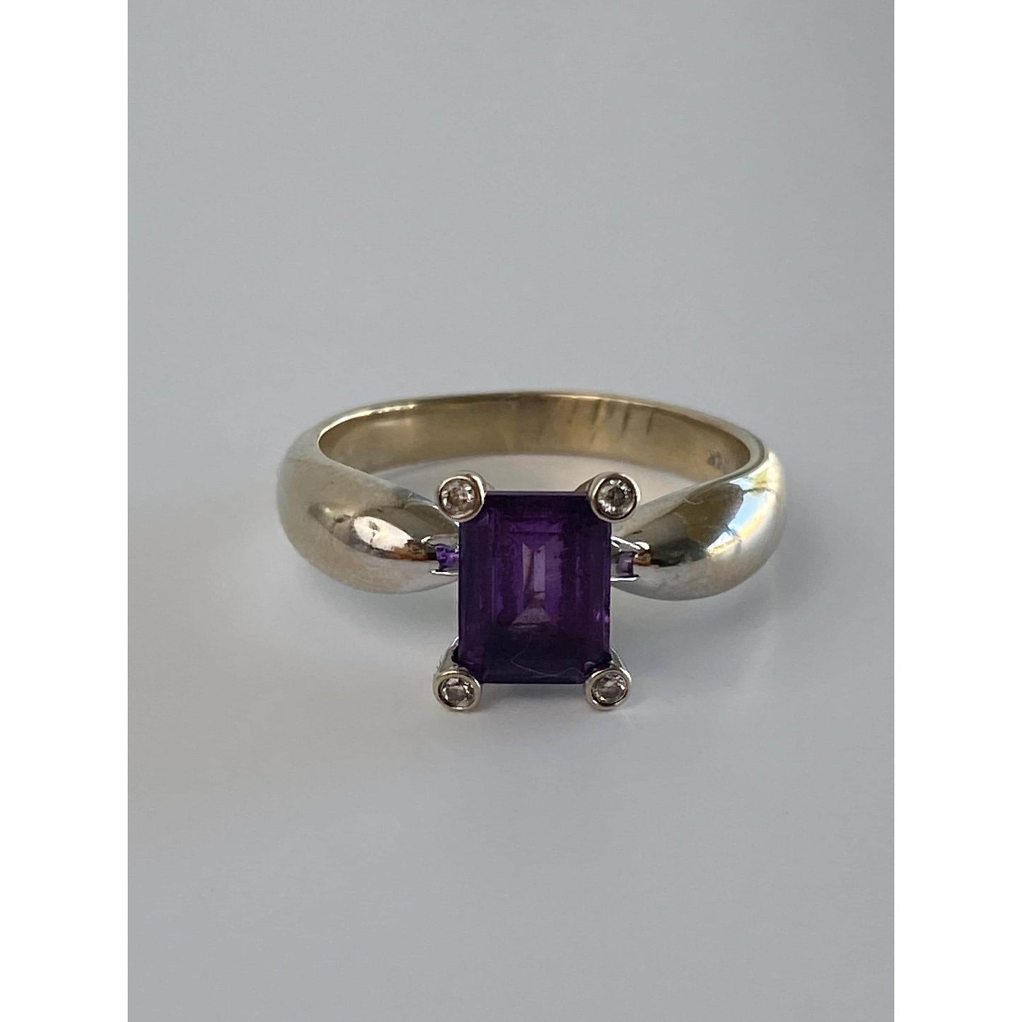 Vintage Solid 14k White Gold Diamond Amethyst Ring - Size 8