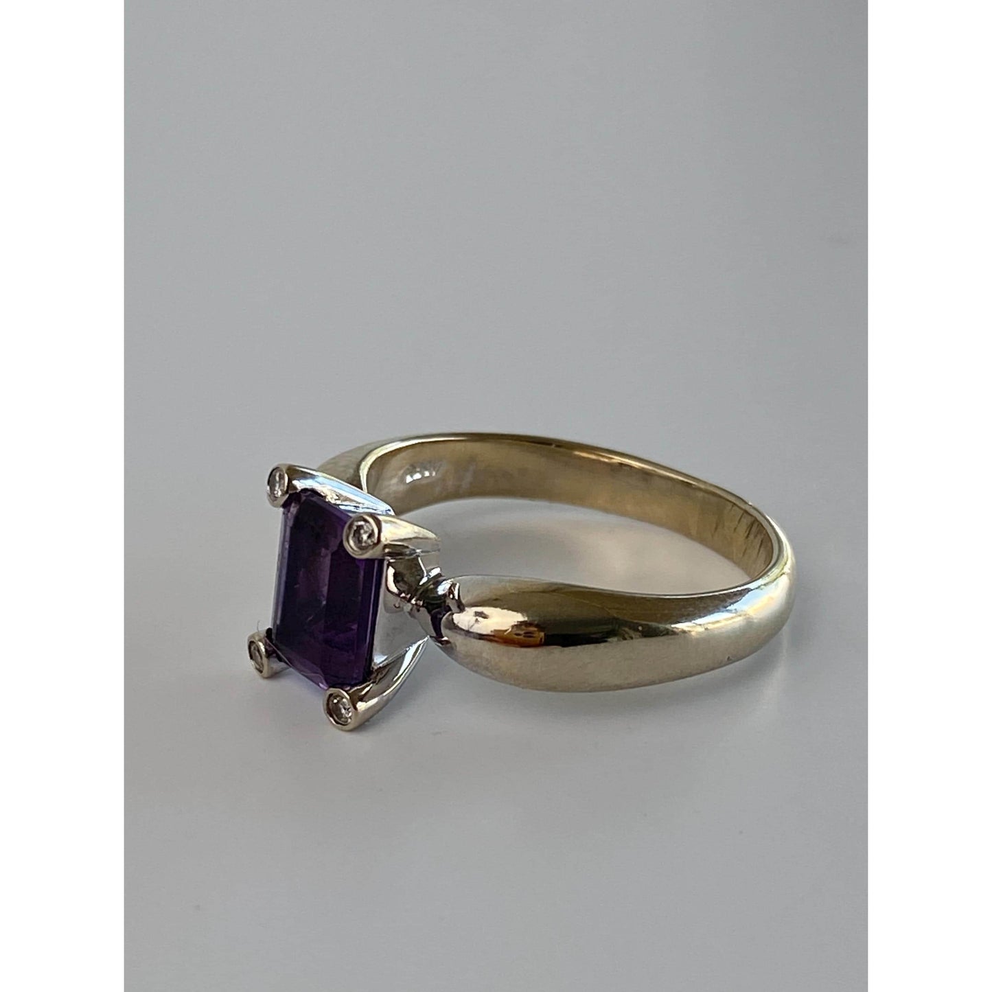 Vintage Solid 14k White Gold Diamond Amethyst Ring - Size 8