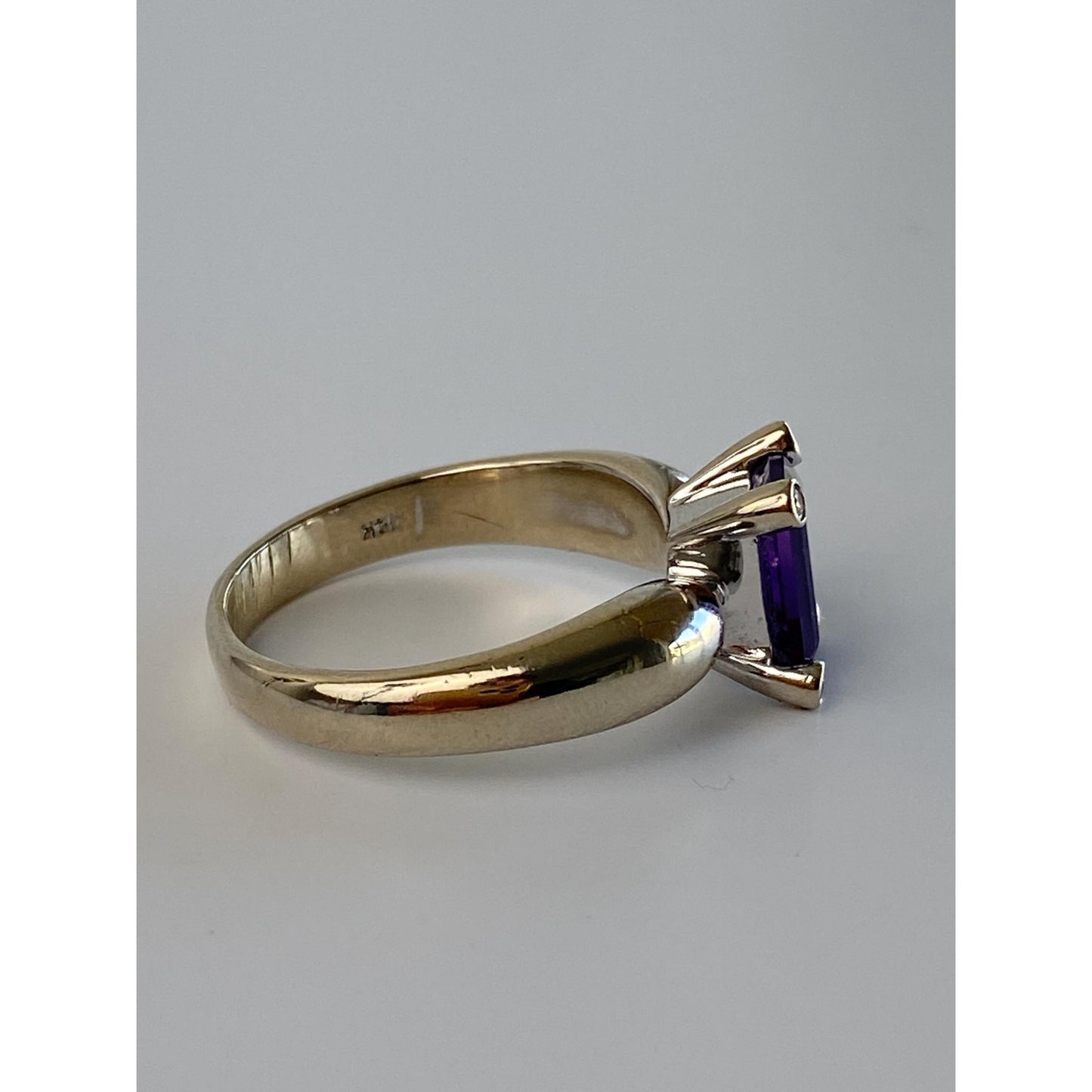 Vintage Solid 14k White Gold Diamond Amethyst Ring - Size 8