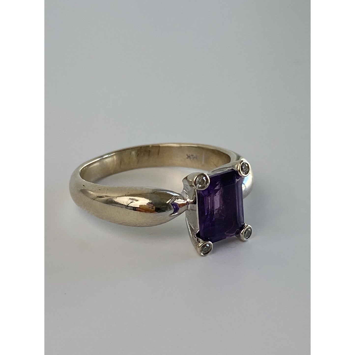 Vintage Solid 14k White Gold Diamond Amethyst Ring - Size 8