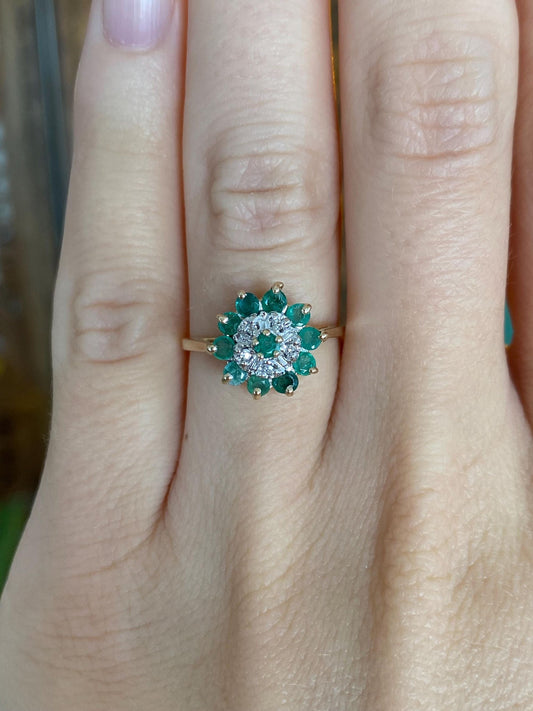 Vintage Solid 10k White & Yellow Gold Diamond Emerald Halo Ring - Size 5.75