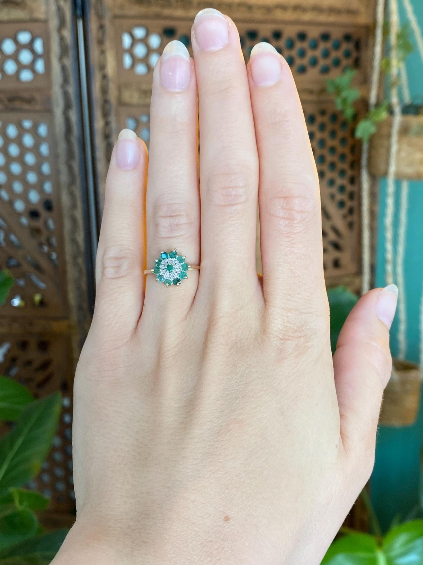 Vintage Solid 10k White & Yellow Gold Diamond Emerald Halo Ring - Size 5.75