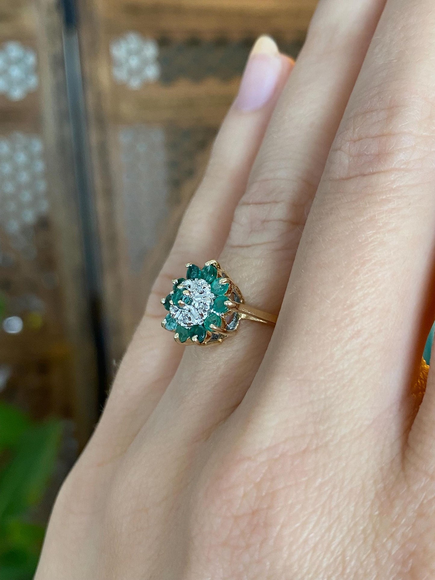 Vintage Solid 10k White & Yellow Gold Diamond Emerald Halo Ring - Size 5.75