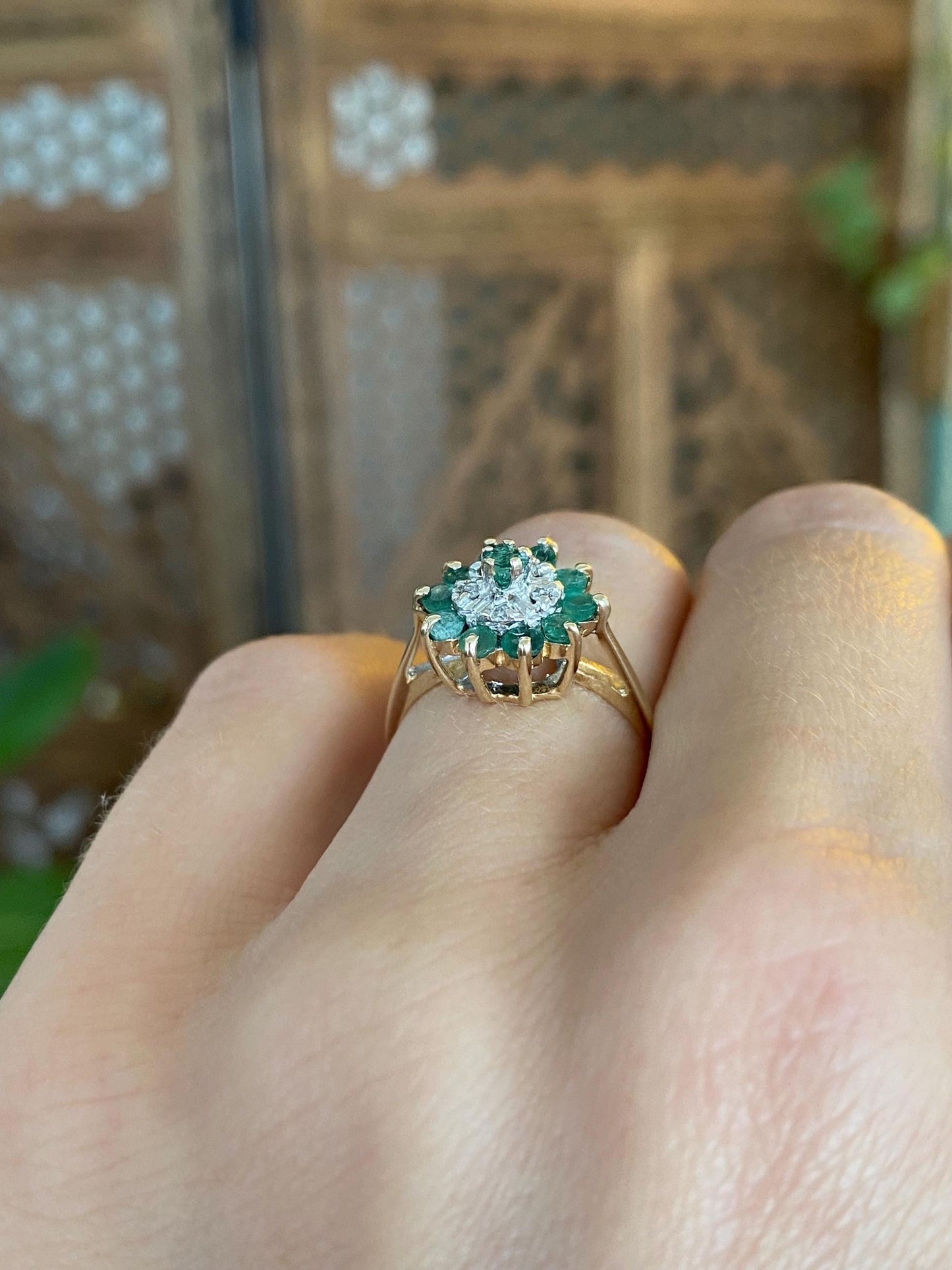 Vintage Solid 10k White & Yellow Gold Diamond Emerald Halo Ring - Size 5.75
