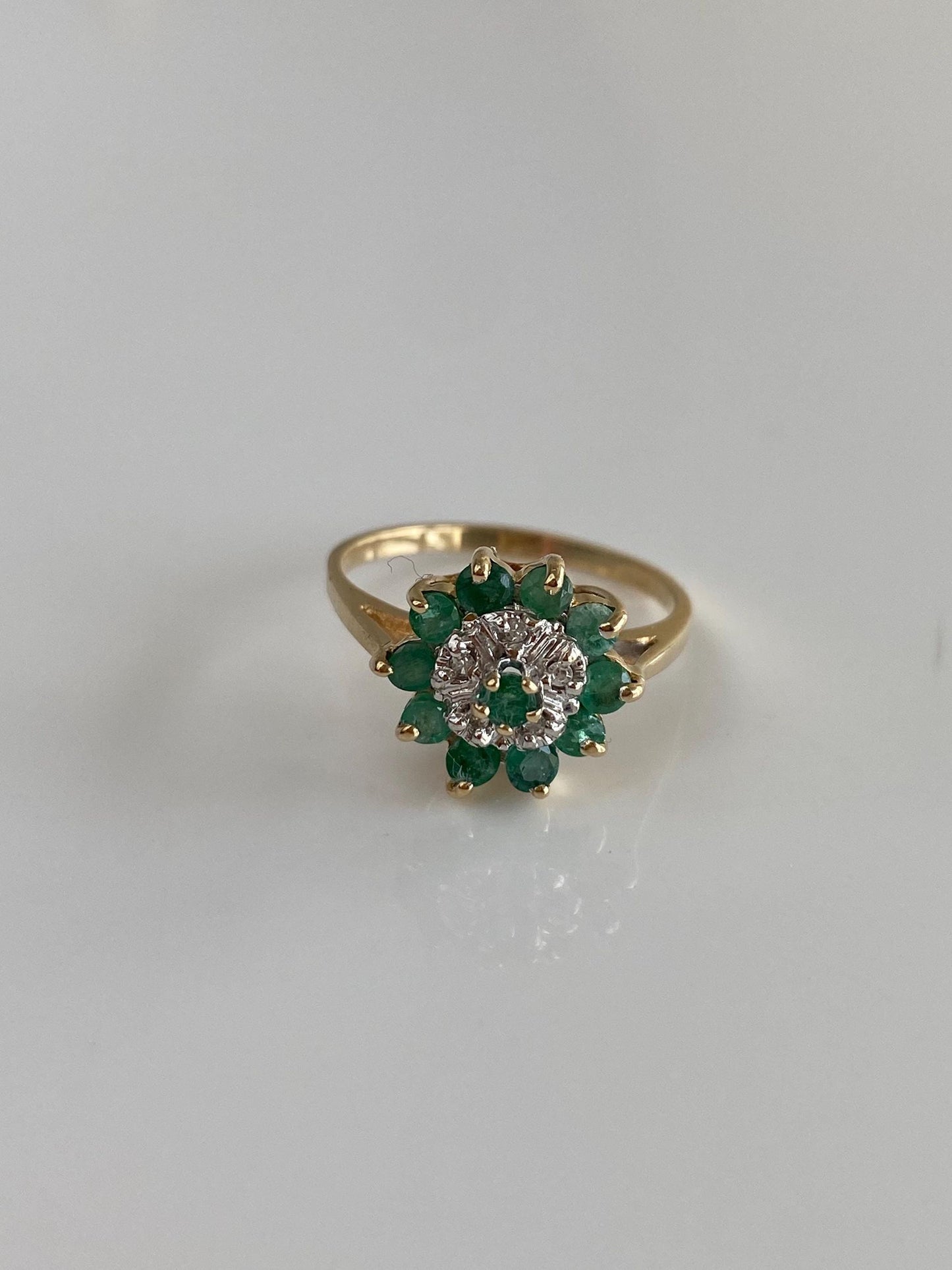 Vintage Solid 10k White & Yellow Gold Diamond Emerald Halo Ring - Size 5.75
