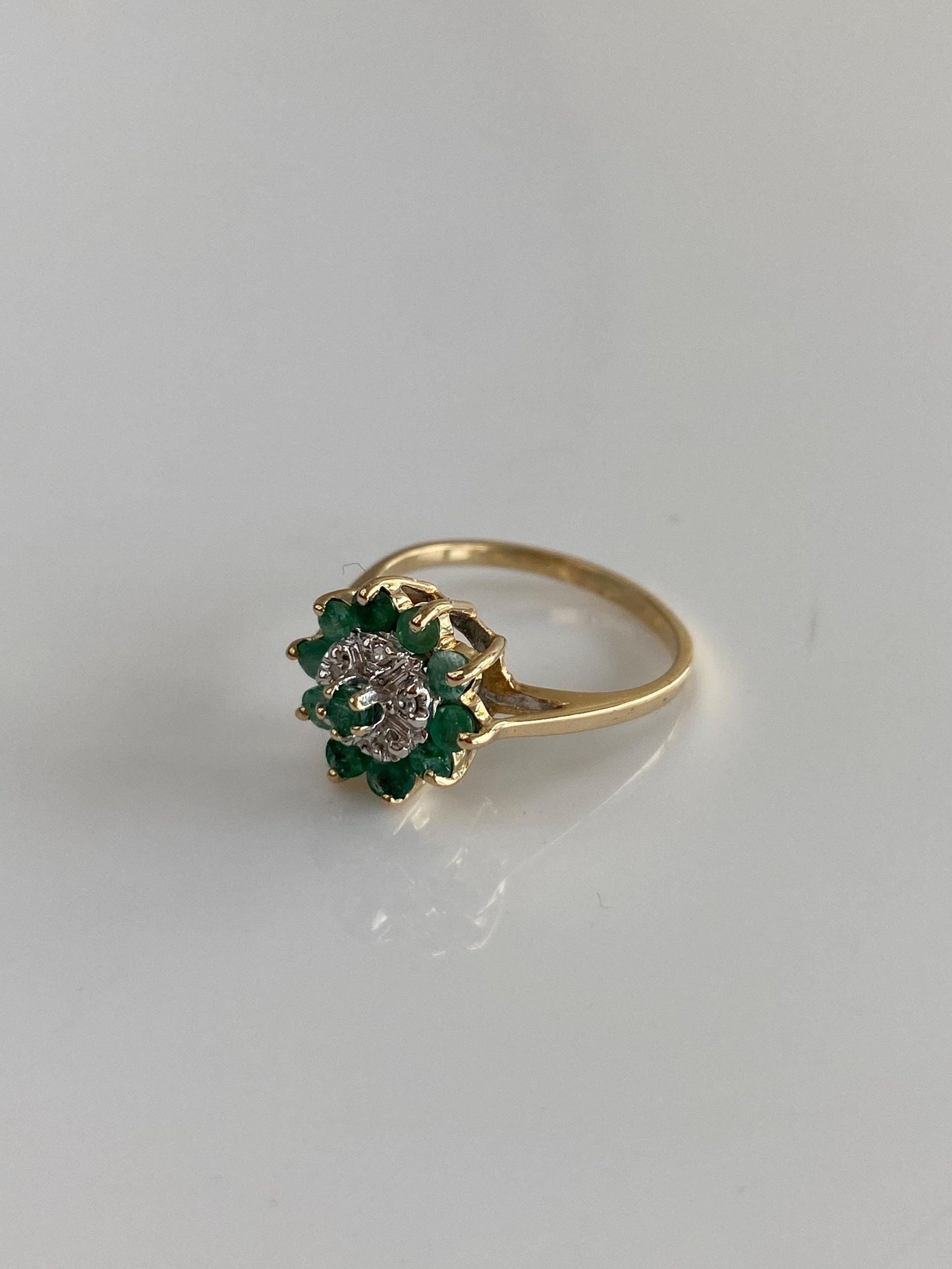 Vintage Solid 10k White & Yellow Gold Diamond Emerald Halo Ring - Size 5.75