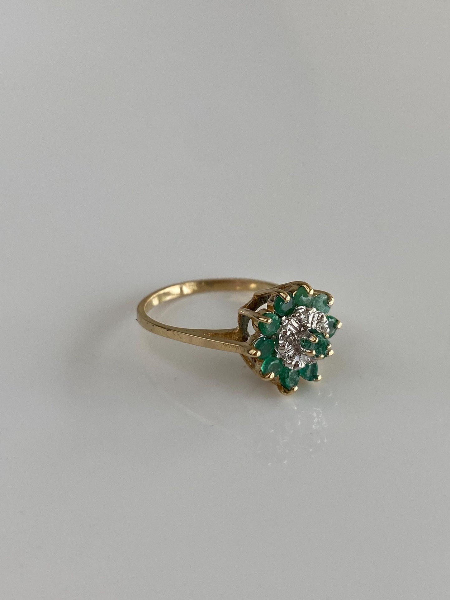 Vintage Solid 10k White & Yellow Gold Diamond Emerald Halo Ring - Size 5.75