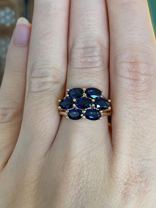 Vintage Solid 14k Yellow Gold Blue Sapphire Rows Ring - Size 6.25