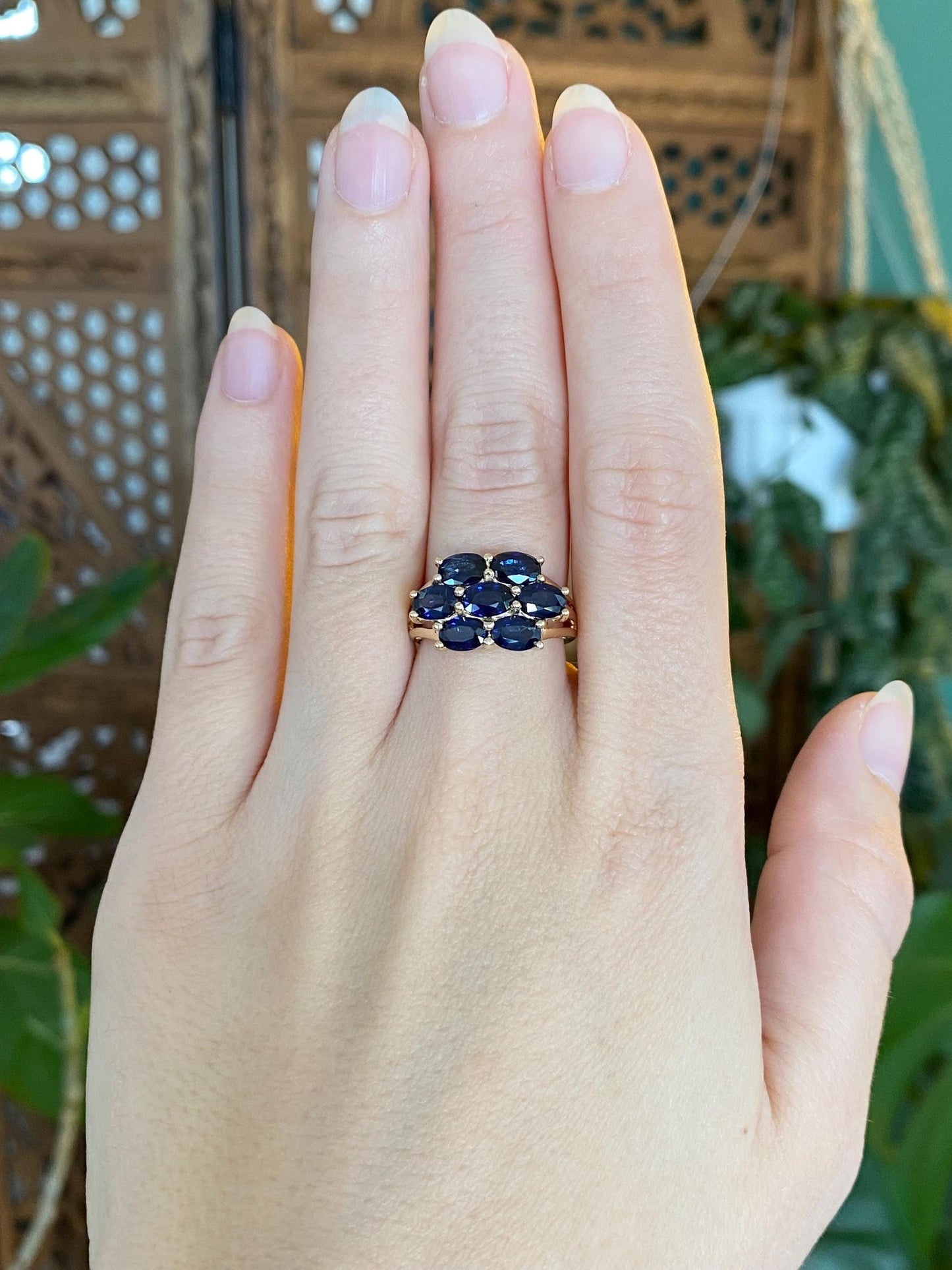 Vintage Solid 14k Yellow Gold Blue Sapphire Rows Ring - Size 6.25