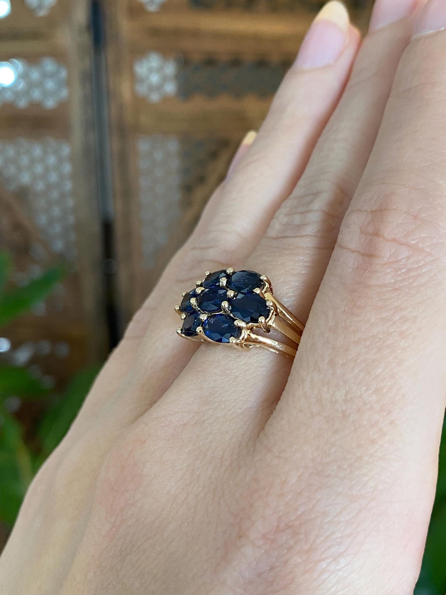 Vintage Solid 14k Yellow Gold Blue Sapphire Rows Ring - Size 6.25