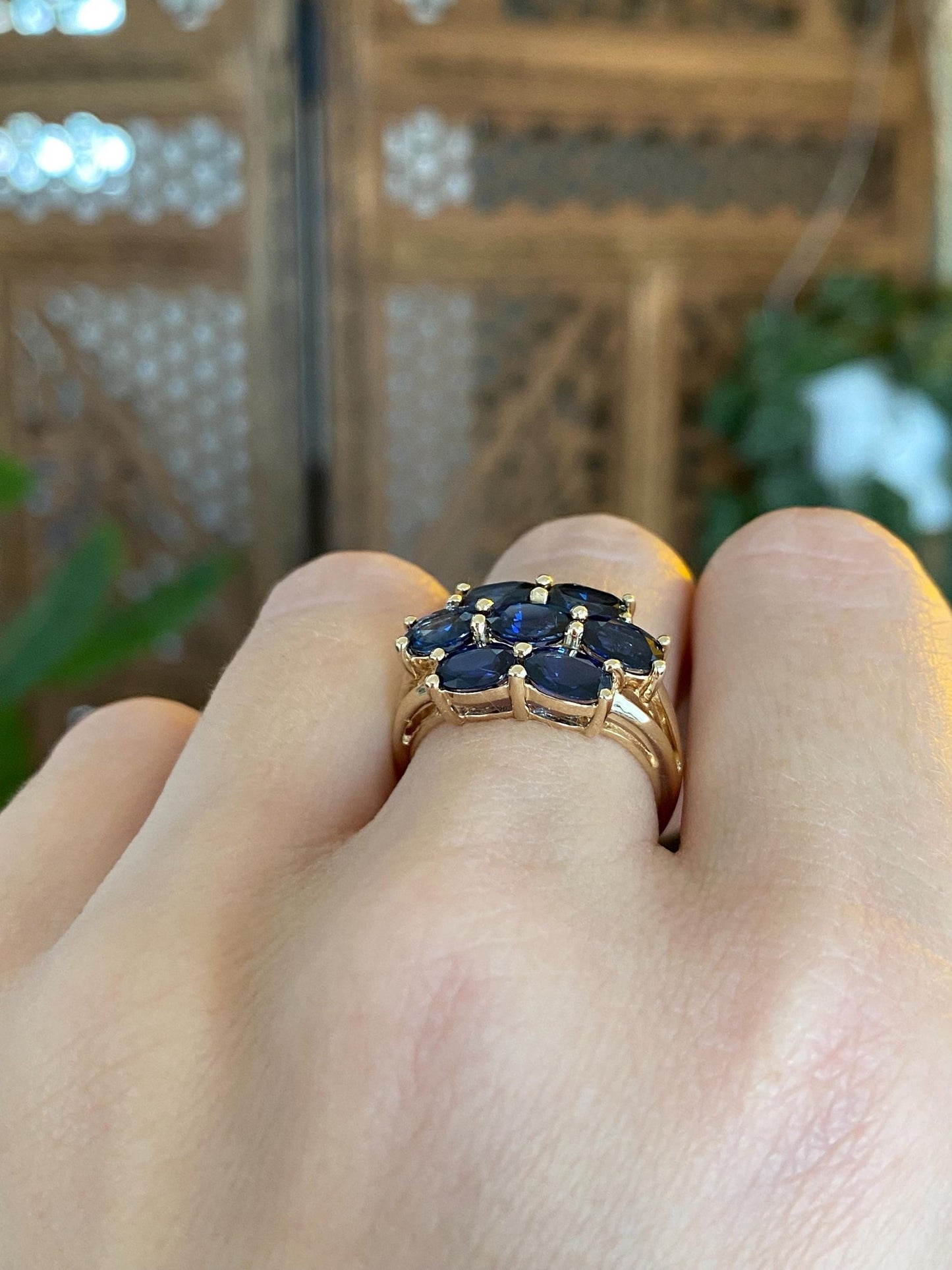 Vintage Solid 14k Yellow Gold Blue Sapphire Rows Ring - Size 6.25