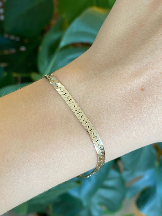 Vintage Solid 14k Yellow Gold Herringbone Chain Bracelet - 7.5 inches