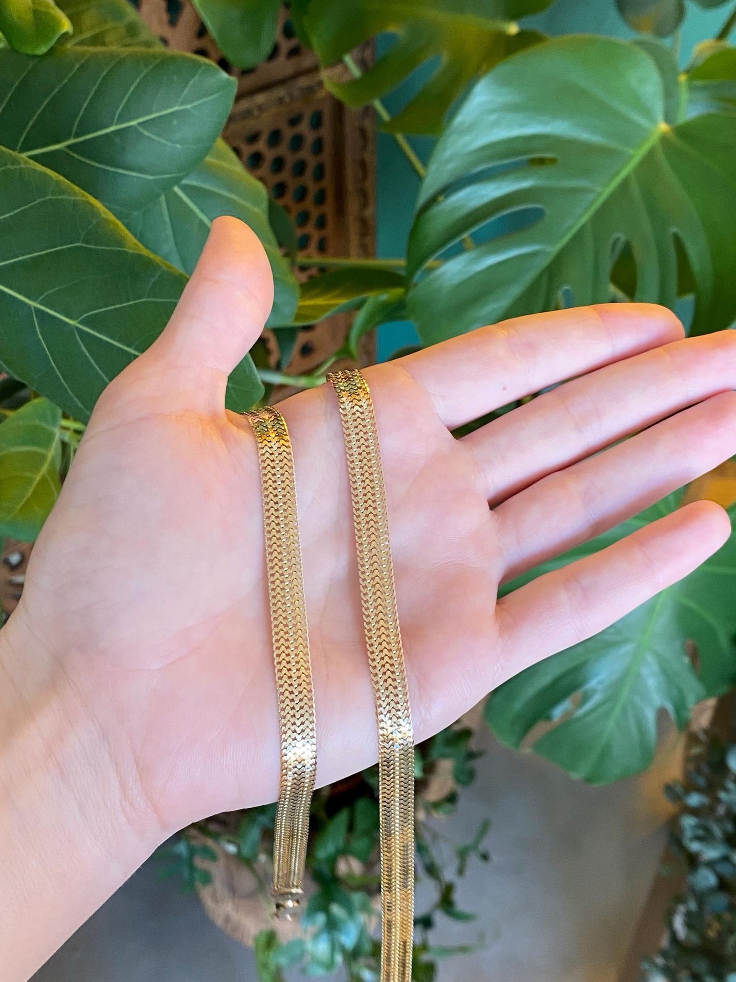 Vintage Solid 14k Yellow Gold Woven Flat Chain Necklace - 19.5 inches