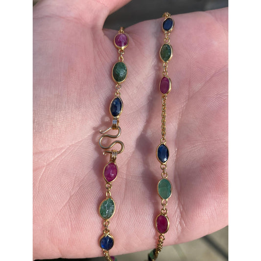 Solid 14k Yellow Gold Sapphire Ruby Emerald Link Tight Rolo Chain Necklace - 27 inches