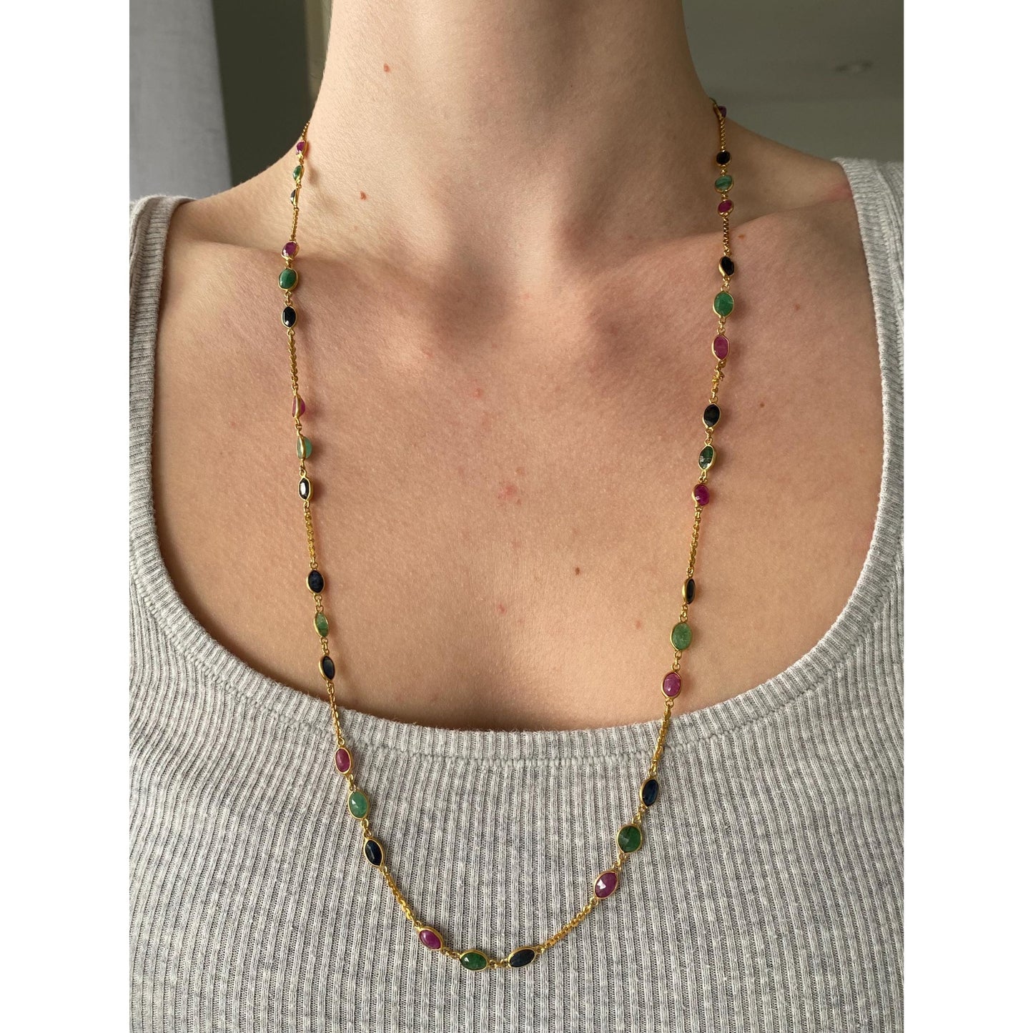 Solid 14k Yellow Gold Sapphire Ruby Emerald Link Tight Rolo Chain Necklace - 27 inches