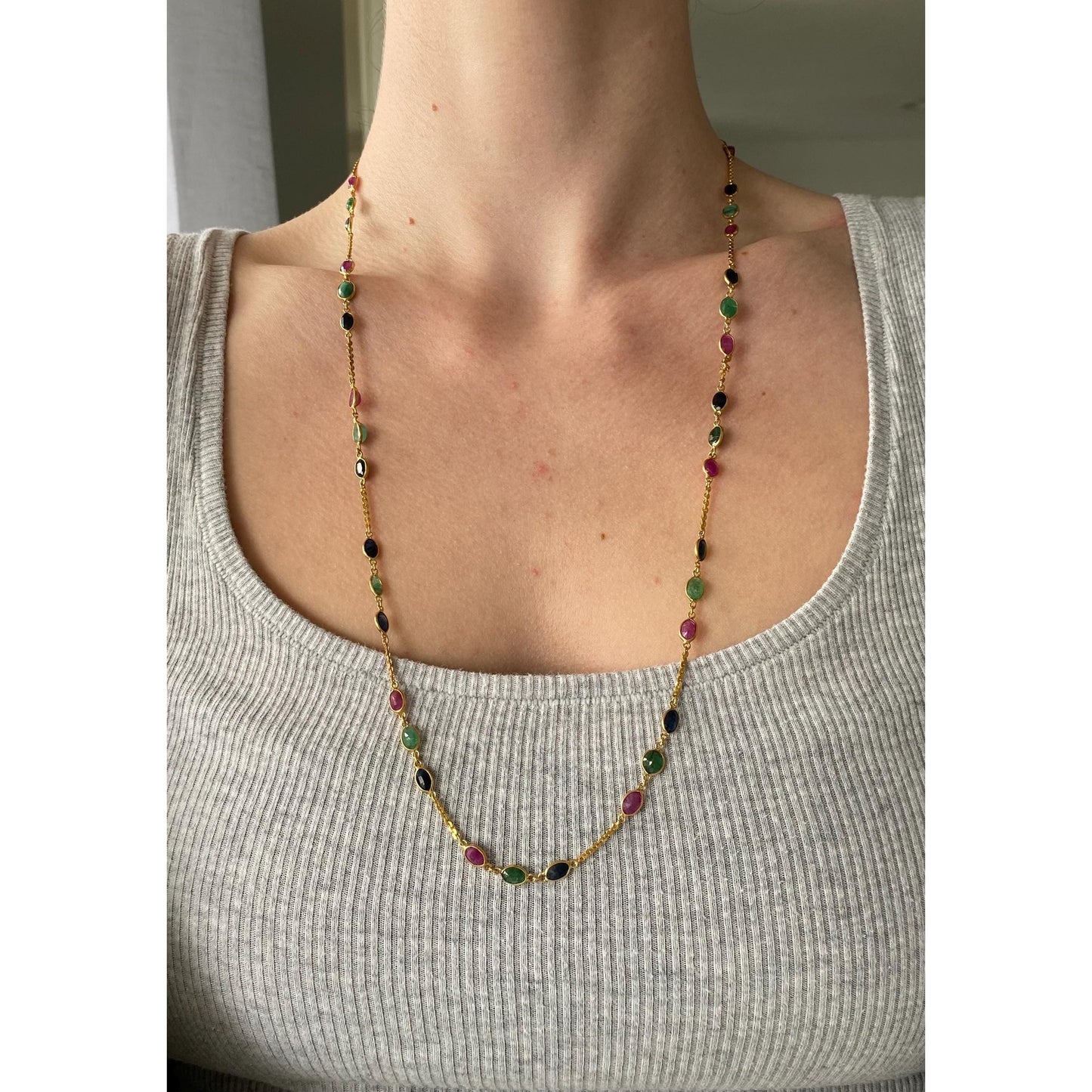 Solid 14k Yellow Gold Sapphire Ruby Emerald Link Tight Rolo Chain Necklace - 27 inches